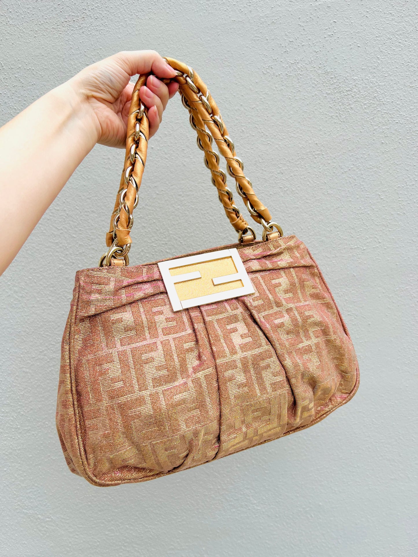 Pre-loved Fendi Metallic FF Zucca Small Mia Gold-tone Tote Handbag