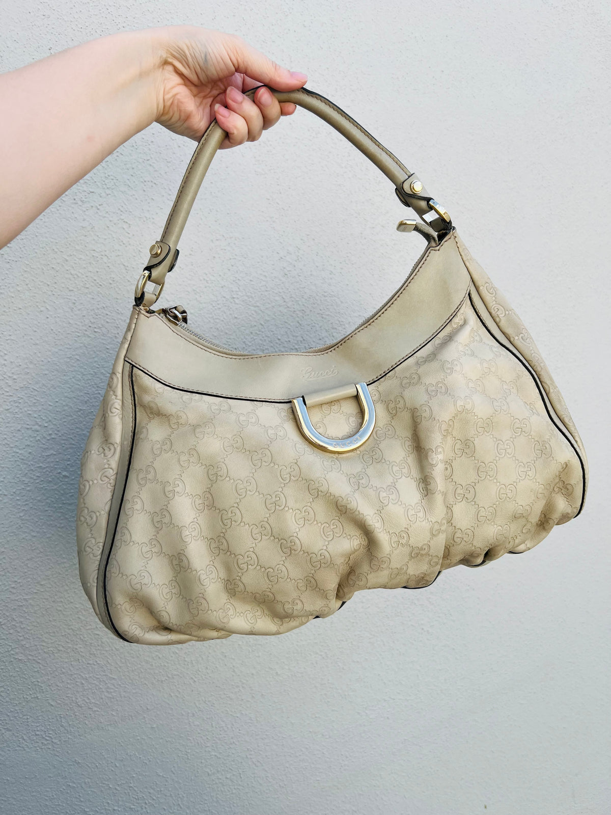 Pre-loved Gucci Abbey D-ring Guccissima Large Leather Hobo Bag Off White GHW