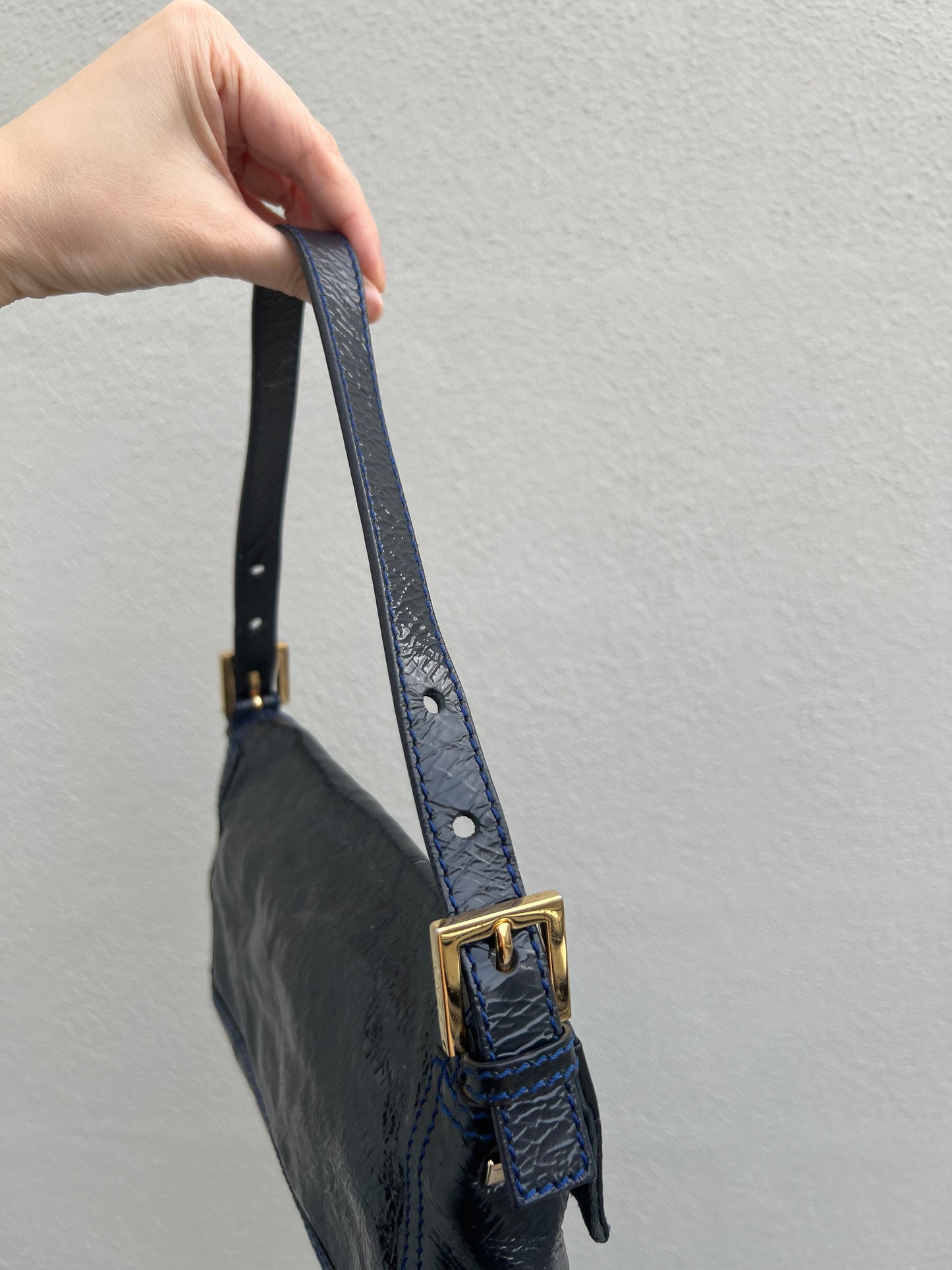 Pre-loved Fendi 3way Patent Leather Baguette Bag Navy Blue