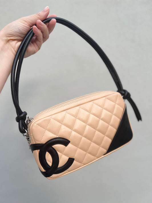 Pre-loved Chanel Beige & Black Quilted Lambskin Cambon Shoulder Pochette