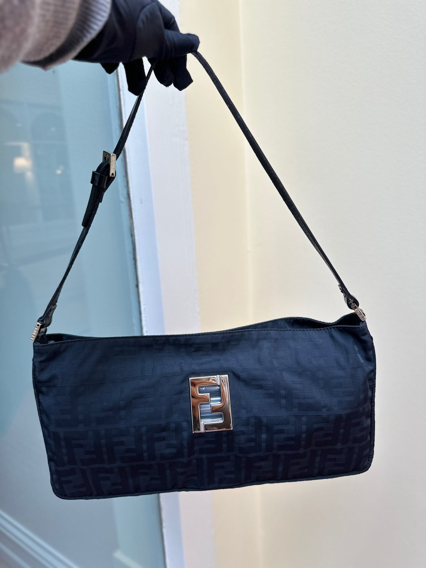Pre-loved Fendi Zucco Print Hobo Shoulder Bag Black