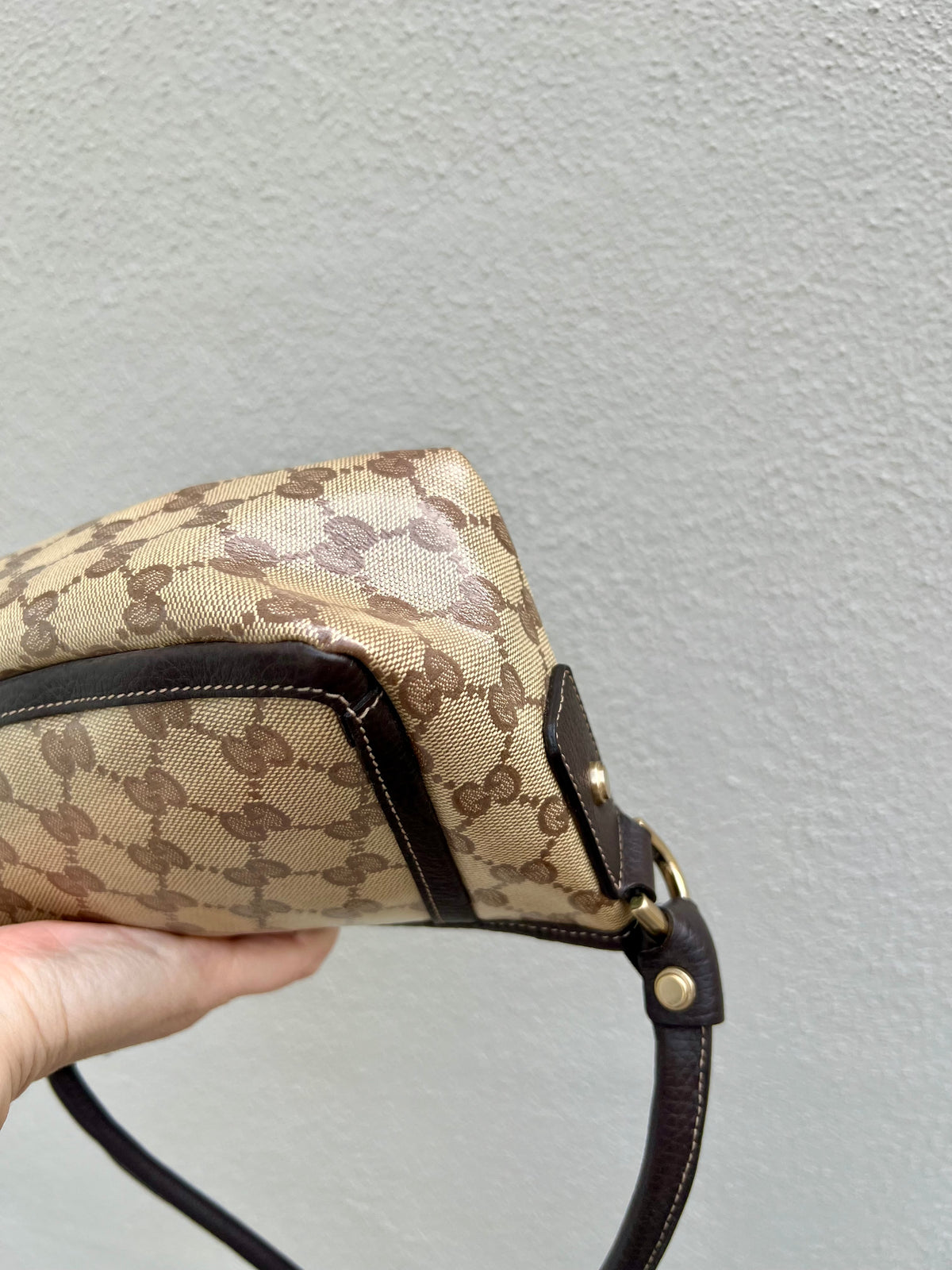 Pre-loved Gucci Crystal Coating GG Canvas Abbey Demi Hobo D-Ring Pochette