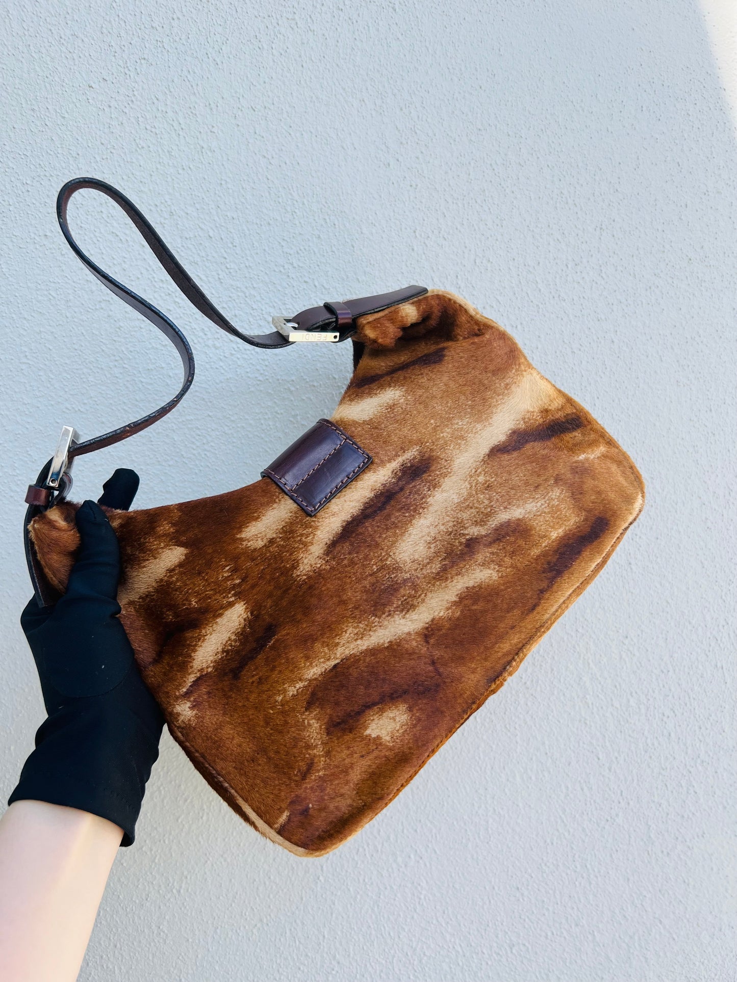 Pre-loved FENDI Mamma Baguette Shoulder Bag Pony Hair leather Brown