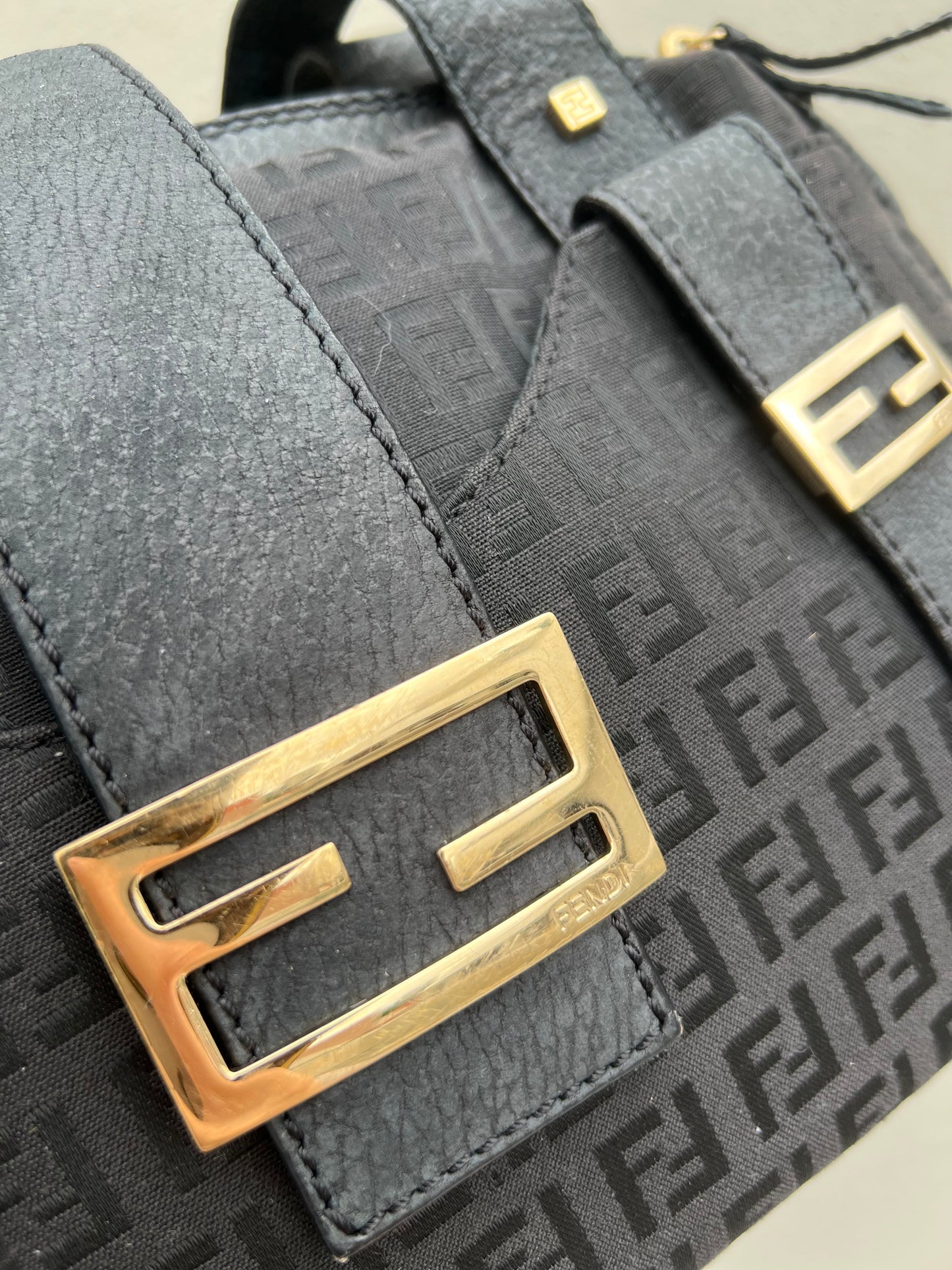 Pre-loved Fendi Baguette Mulitpocket Black Canvas and Leather Shoulder Bag