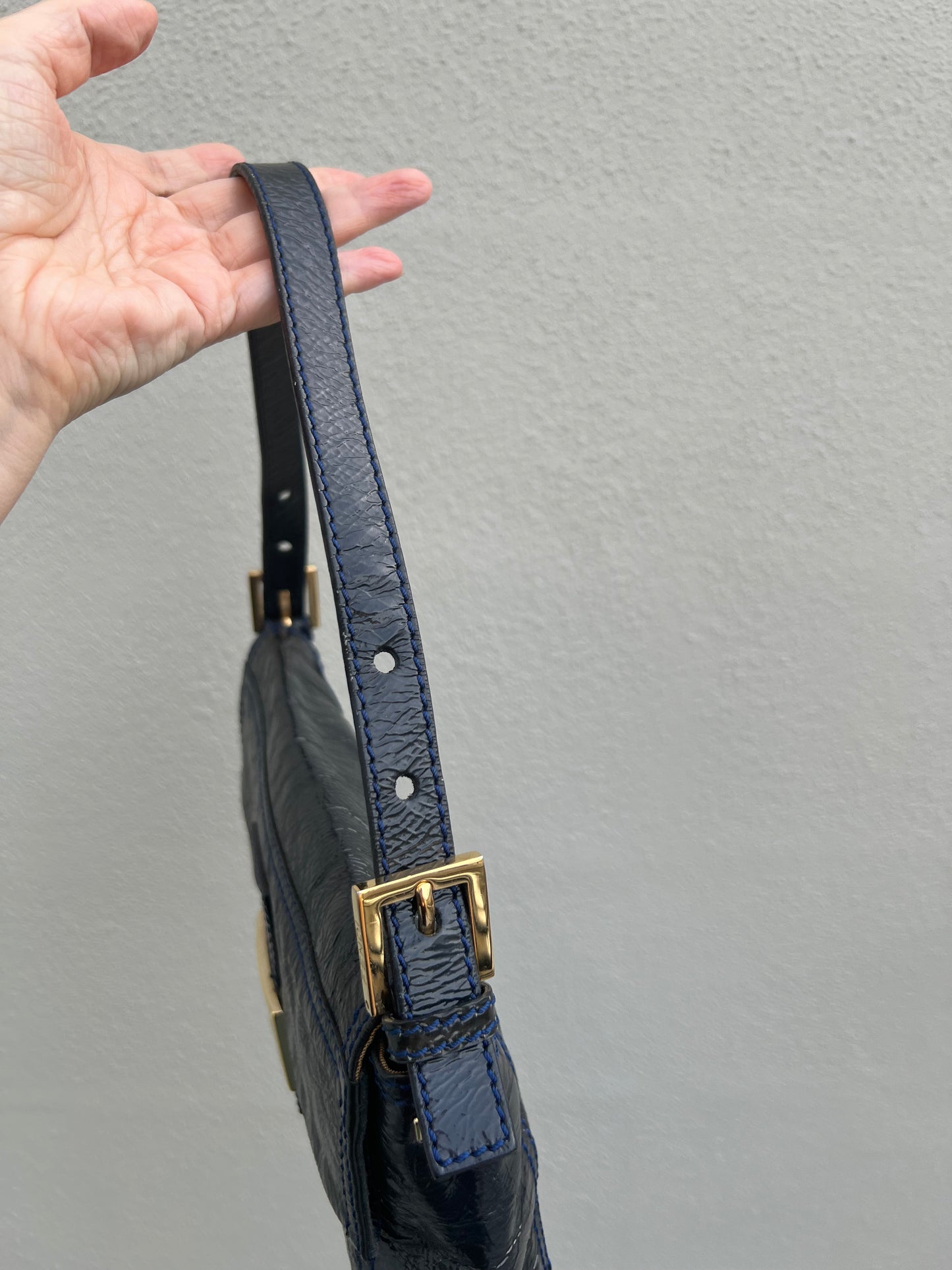 Pre-loved Fendi 3way Patent Leather Baguette Bag Navy Blue