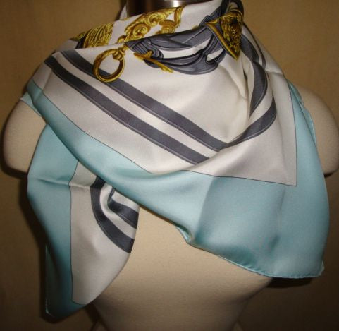 Pre-loved Brides De Gala Hermès Vintage Silk Scarf By Hugo Grygkar 90CM Silk Twill Blue & White