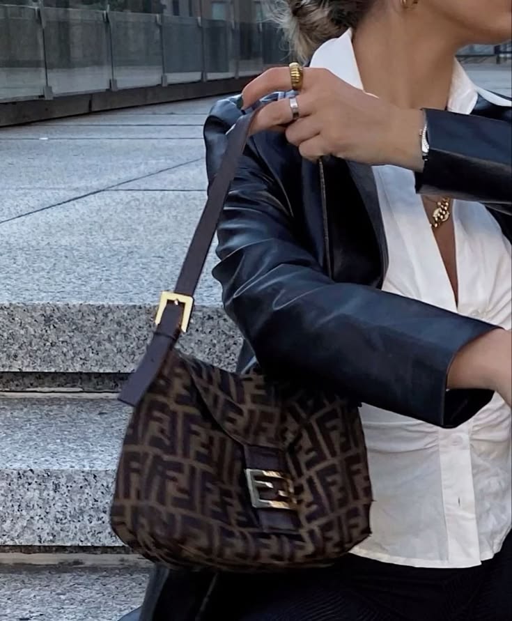 Pre-loved Fendi Zucca Double Flap Baguette Shoulder Bag