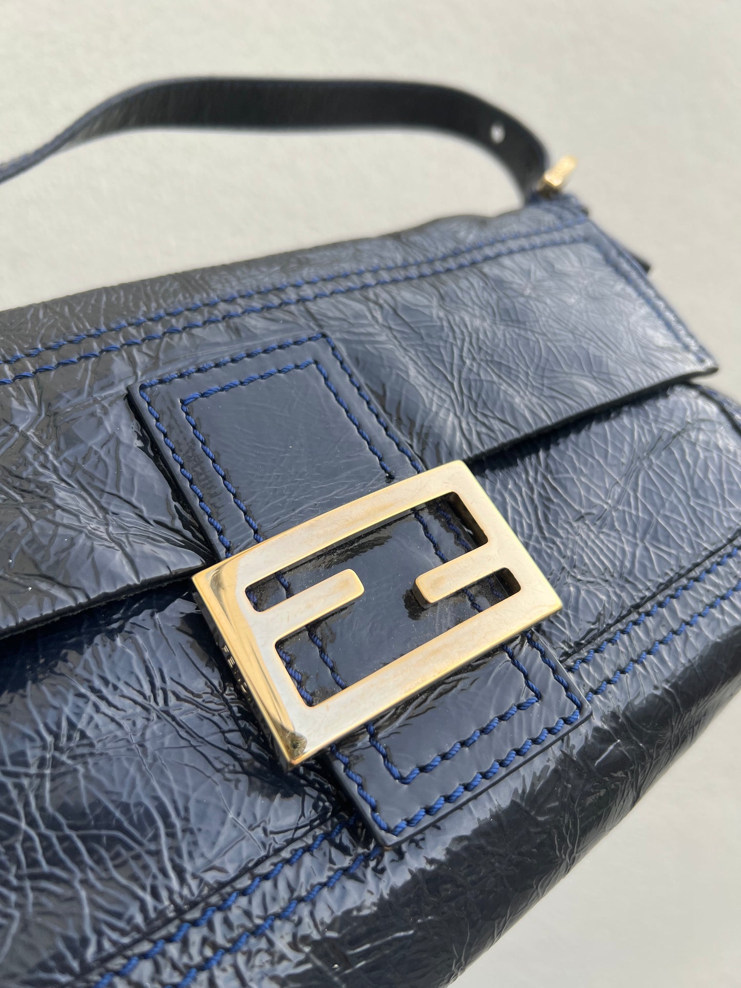 Pre-loved Fendi 3way Patent Leather Baguette Bag Navy Blue