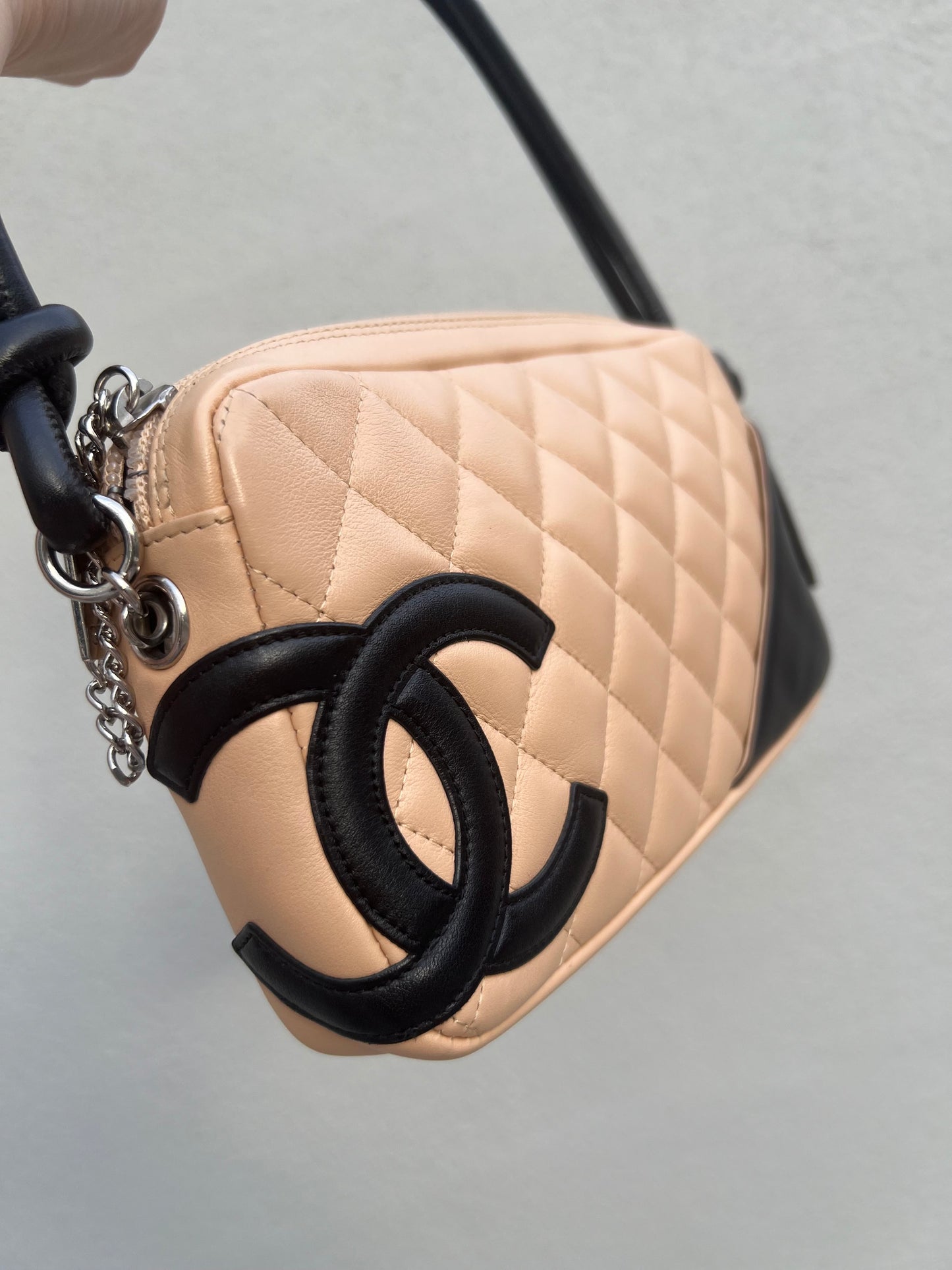 Pre-loved Chanel Beige & Black Quilted Lambskin Cambon Shoulder Pochette