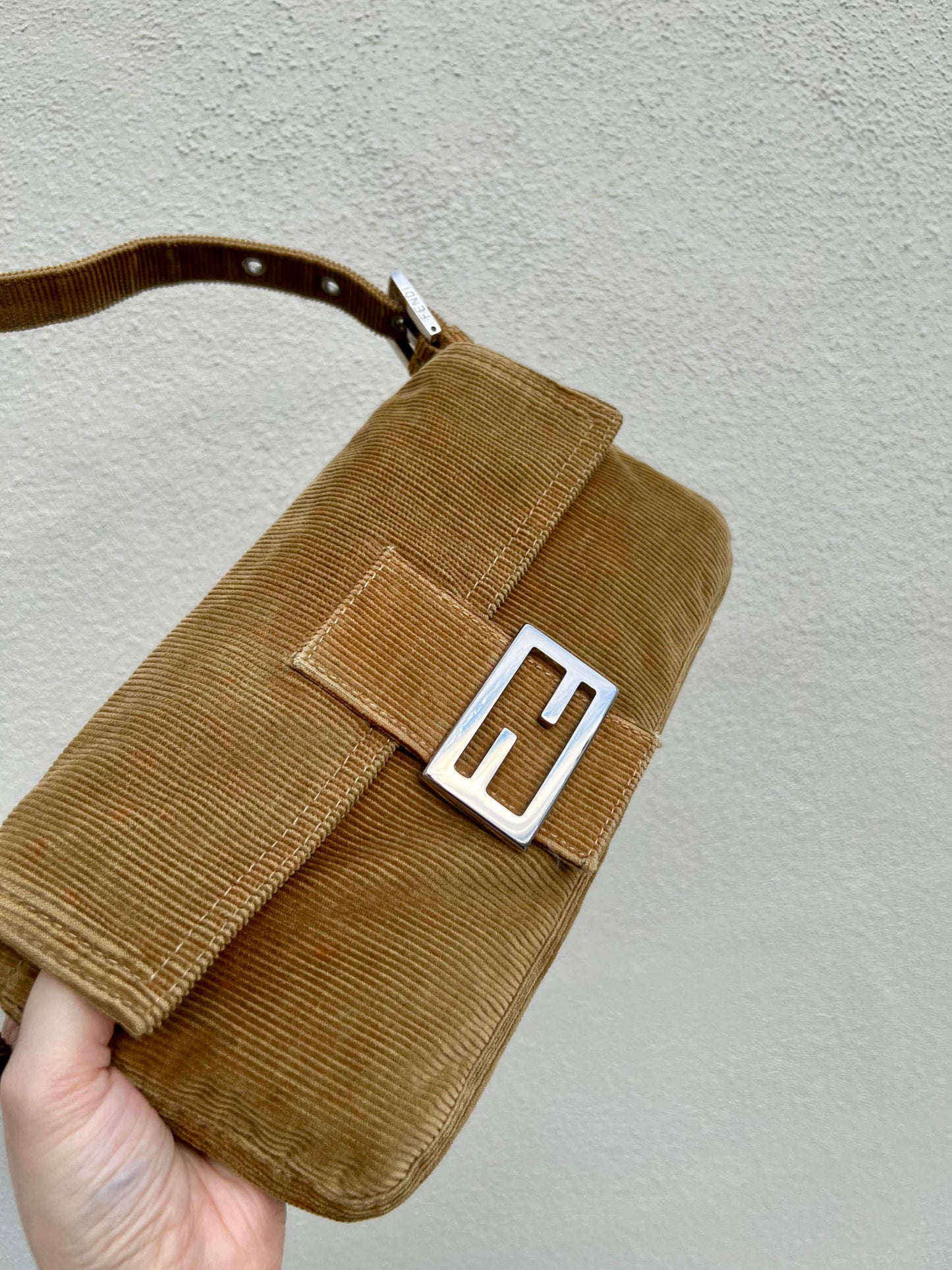 Pre-loved Fendi Camel-toned corduroy Corduroy Baguette Bag