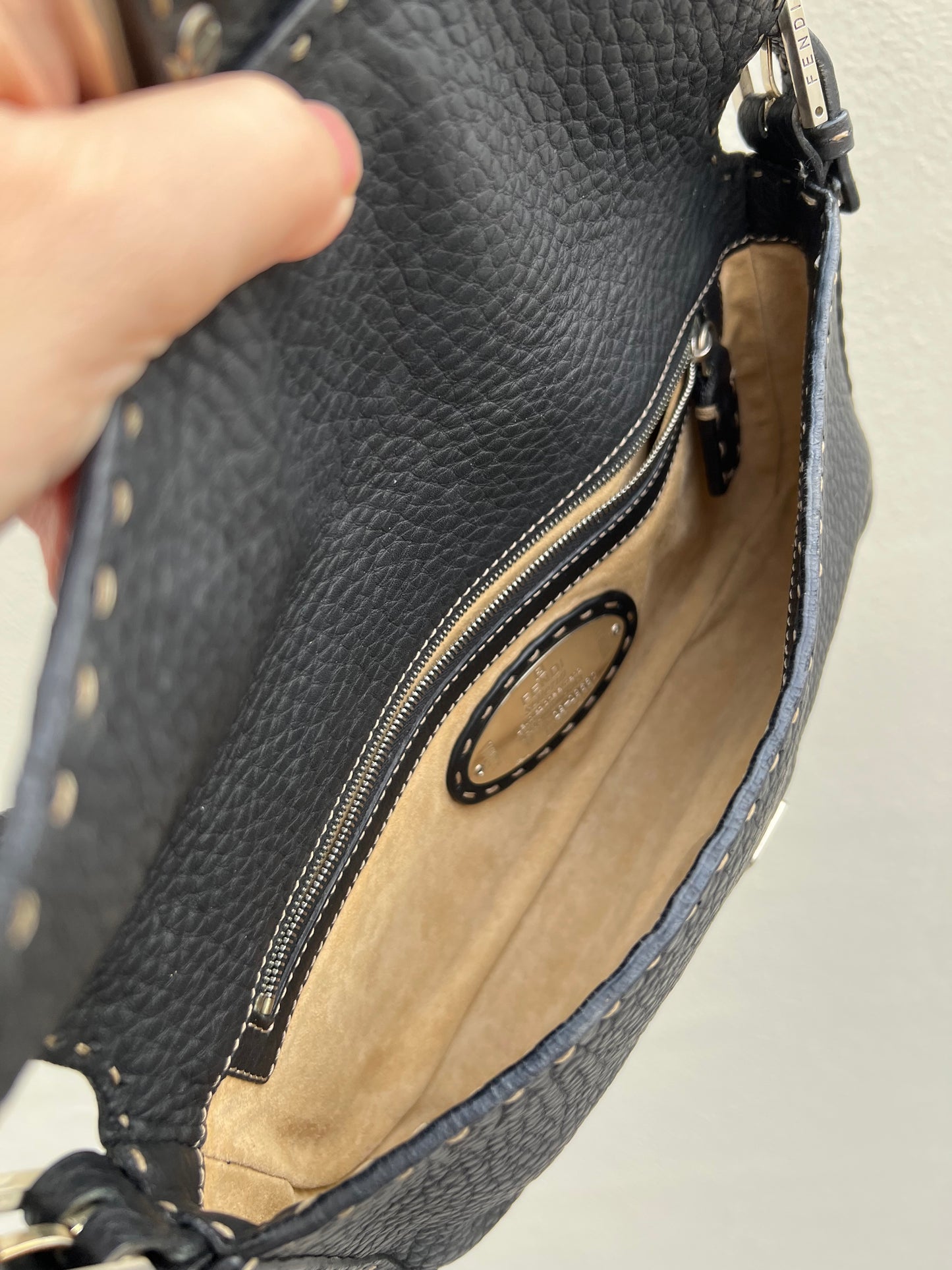 Pre-loved Fendi Baguette Black Cuoio Romano Leather Selleria with Sterling Silver Hardware