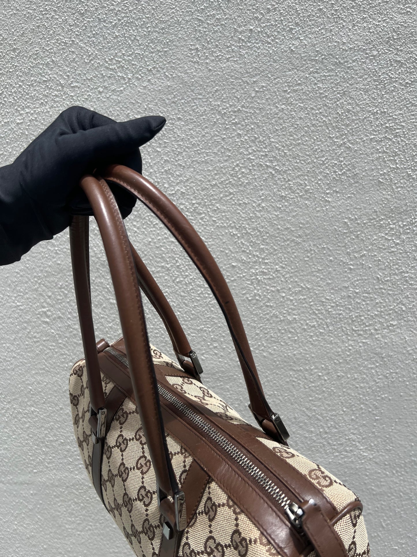 Pre- loved Gucci Beige/Brown GG Canvas and Leather Boston Bag