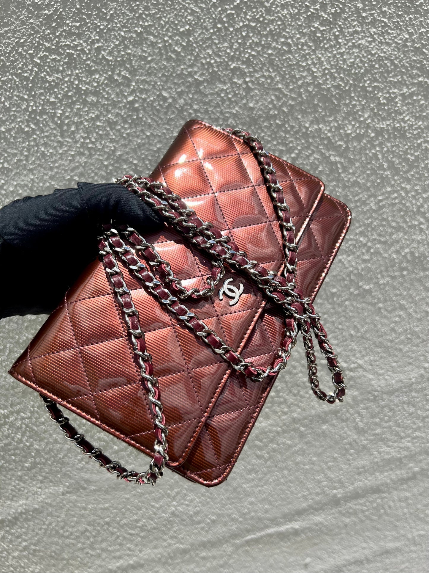 Pre- loved Chanel Burgundy Striated Quilted Patent Leather Classic WOC  Crossbody Bag