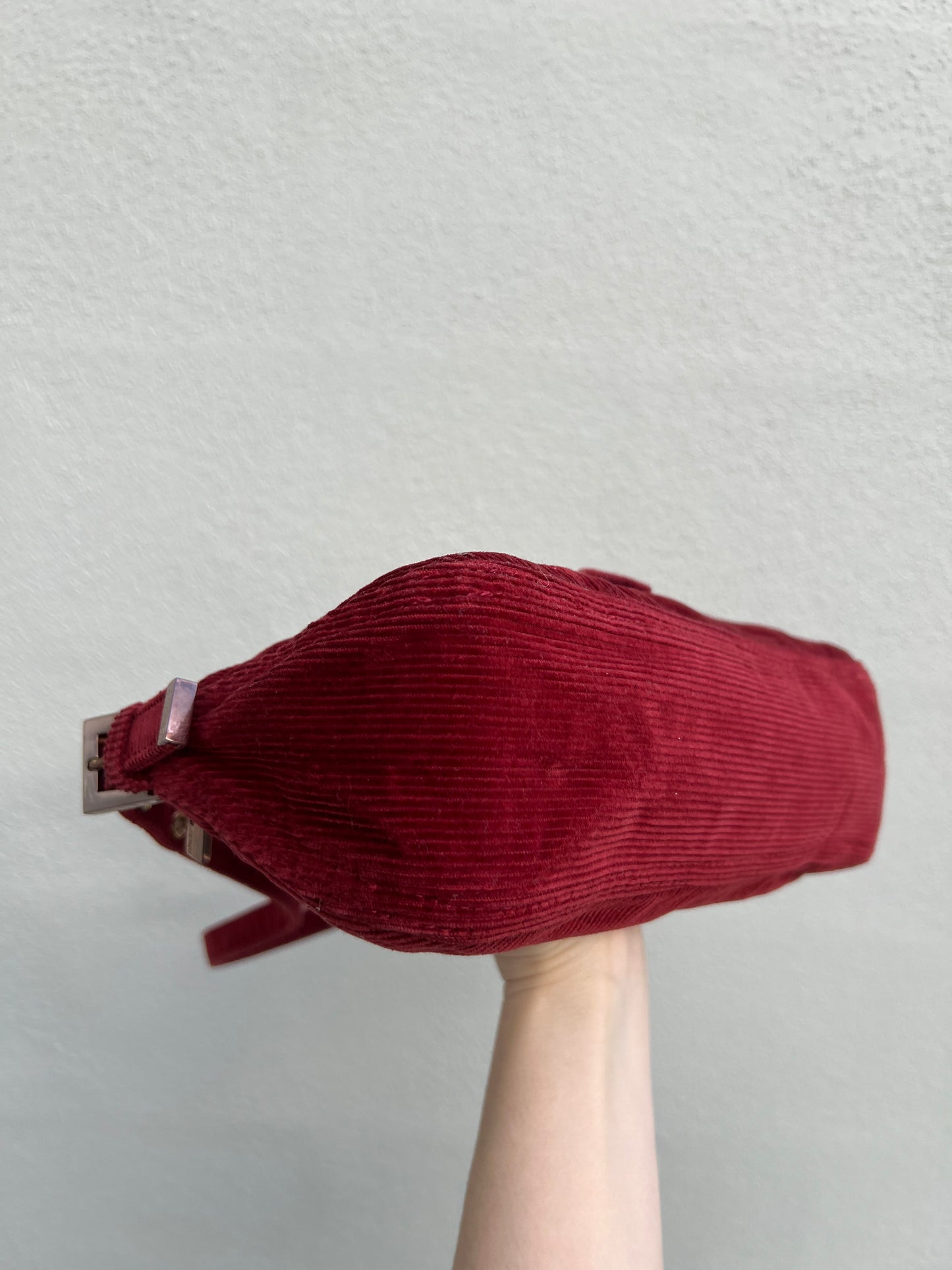 Pre-loved Fendi Red Corduroy Top-zip Baguette Shoulder Bag