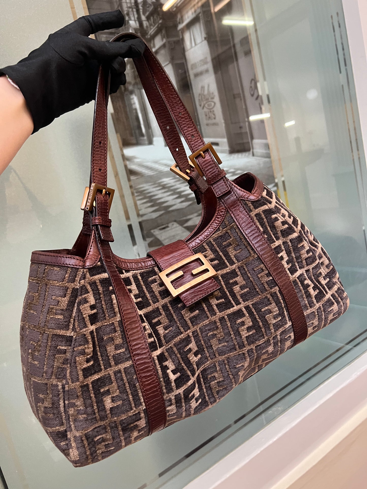 Pre-loved Fendi Velvet Zucca Shoulder Tote Bag