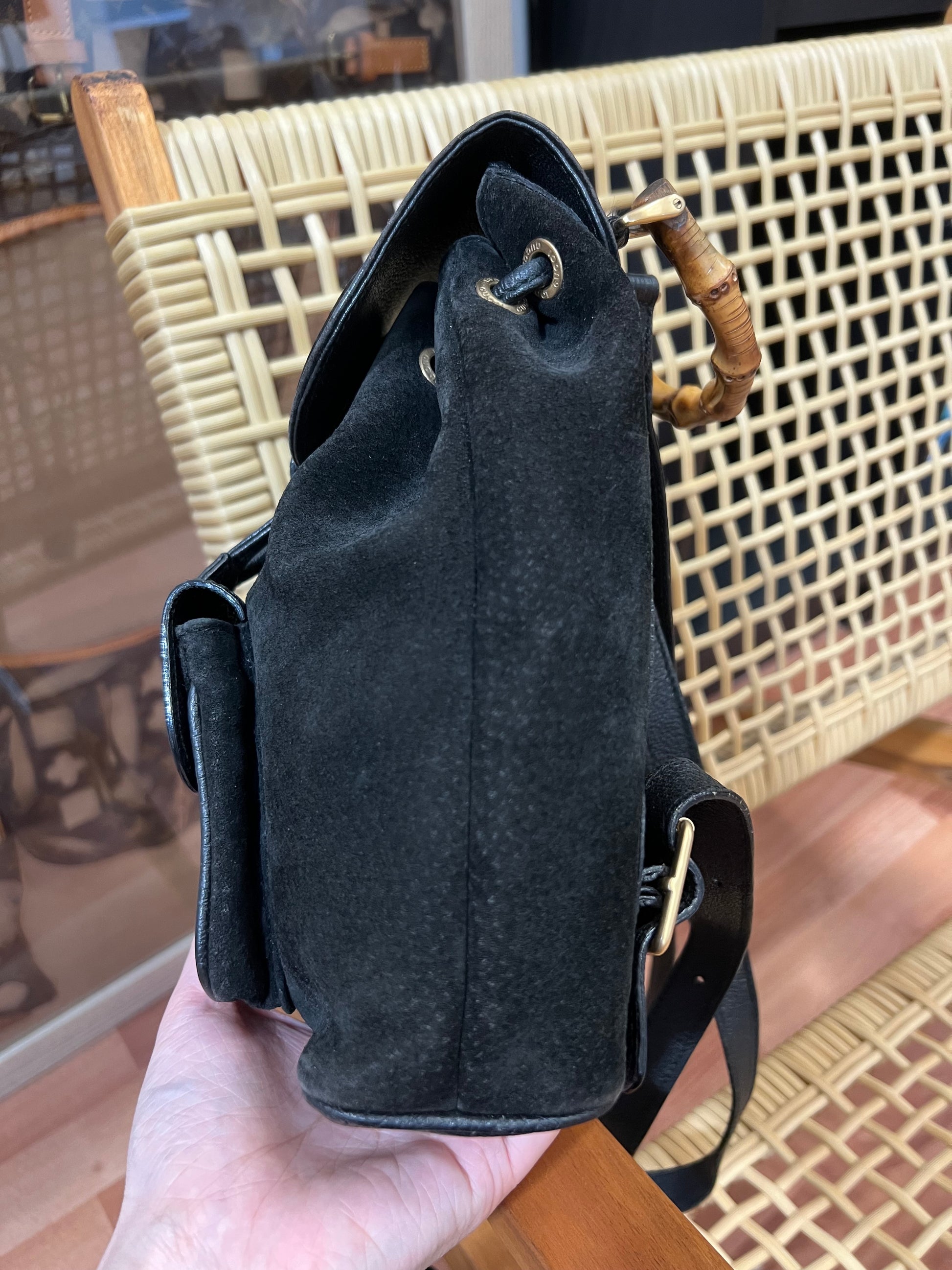 black suede mini backpack Pre-loved Gucci Bamboo Mini Backpack In Black Suede And Leather – Vintage Muse Adelaide