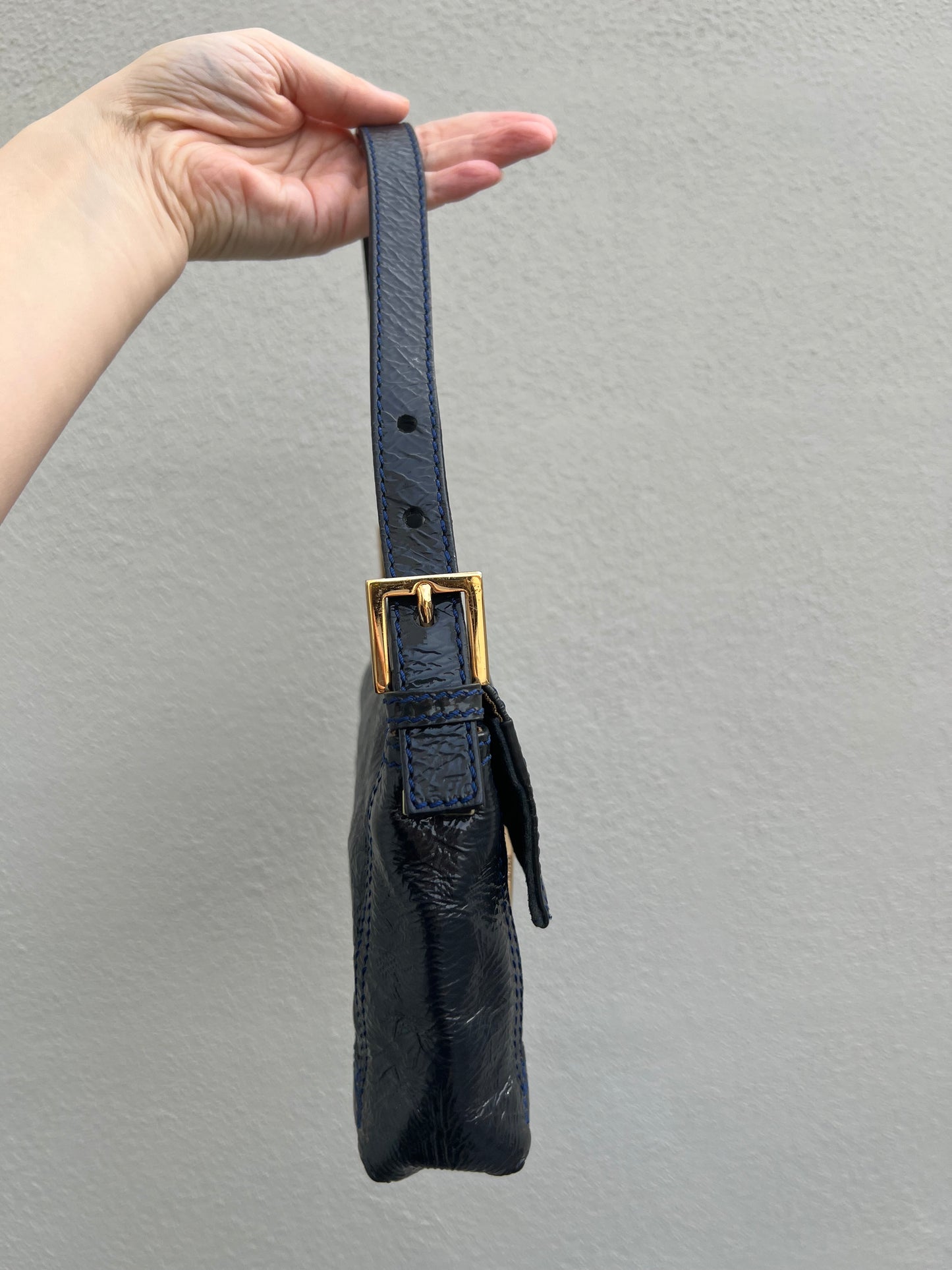 Pre-loved Fendi 3way Patent Leather Baguette Bag Navy Blue