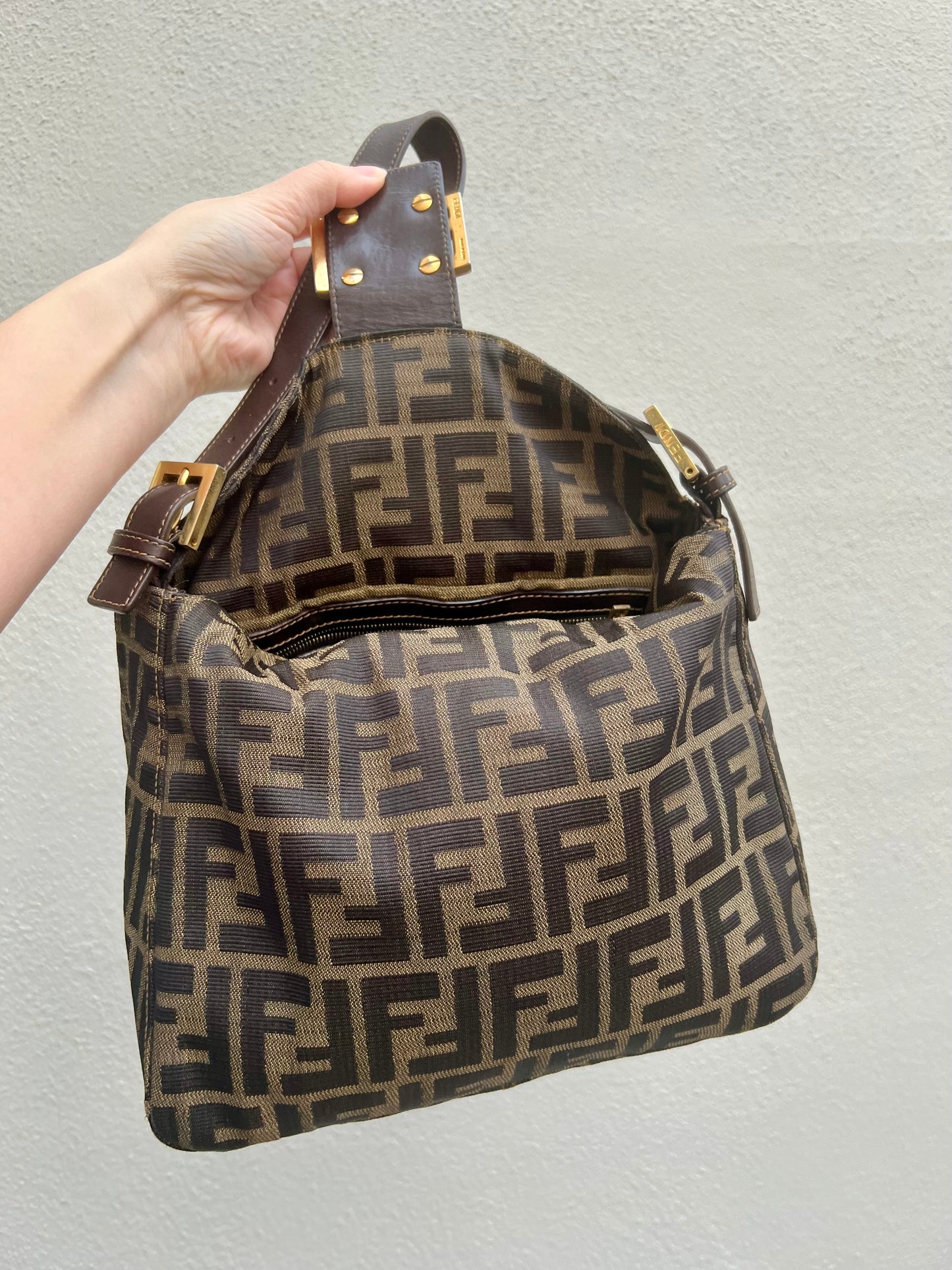 Pre-loved Fendi Zucca Double Flap Baguette Shoulder Bag
