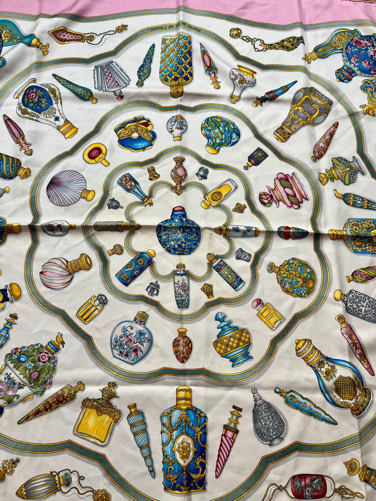 Pre-loved Hermès Pink & Multicolor 'Qu'importe Le Flacon' Silk Scarf 90