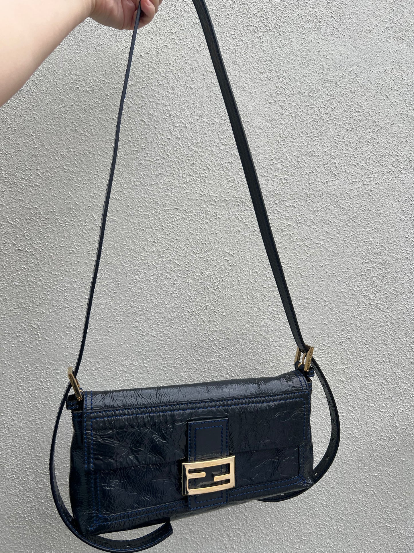 Pre-loved Fendi 3way Patent Leather Baguette Bag Navy Blue