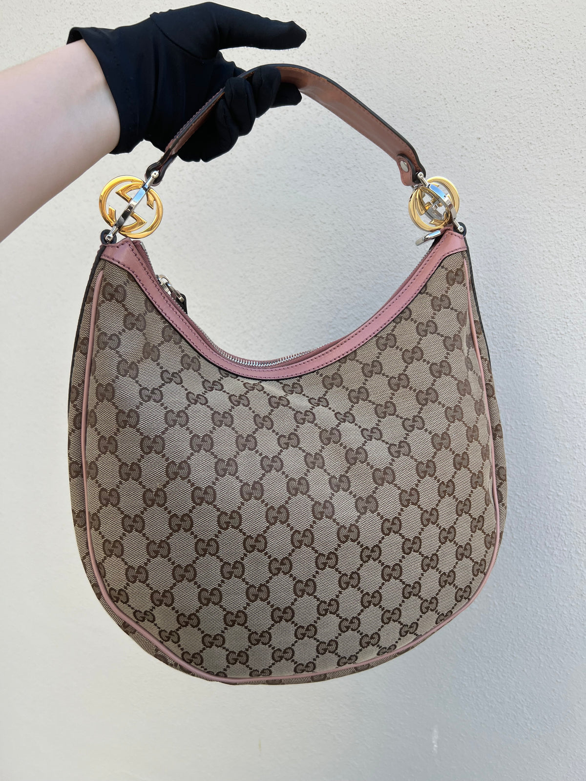 Pre-loved Gucci Beige/Pink GG Canvas Twins Medium Hobo Bag