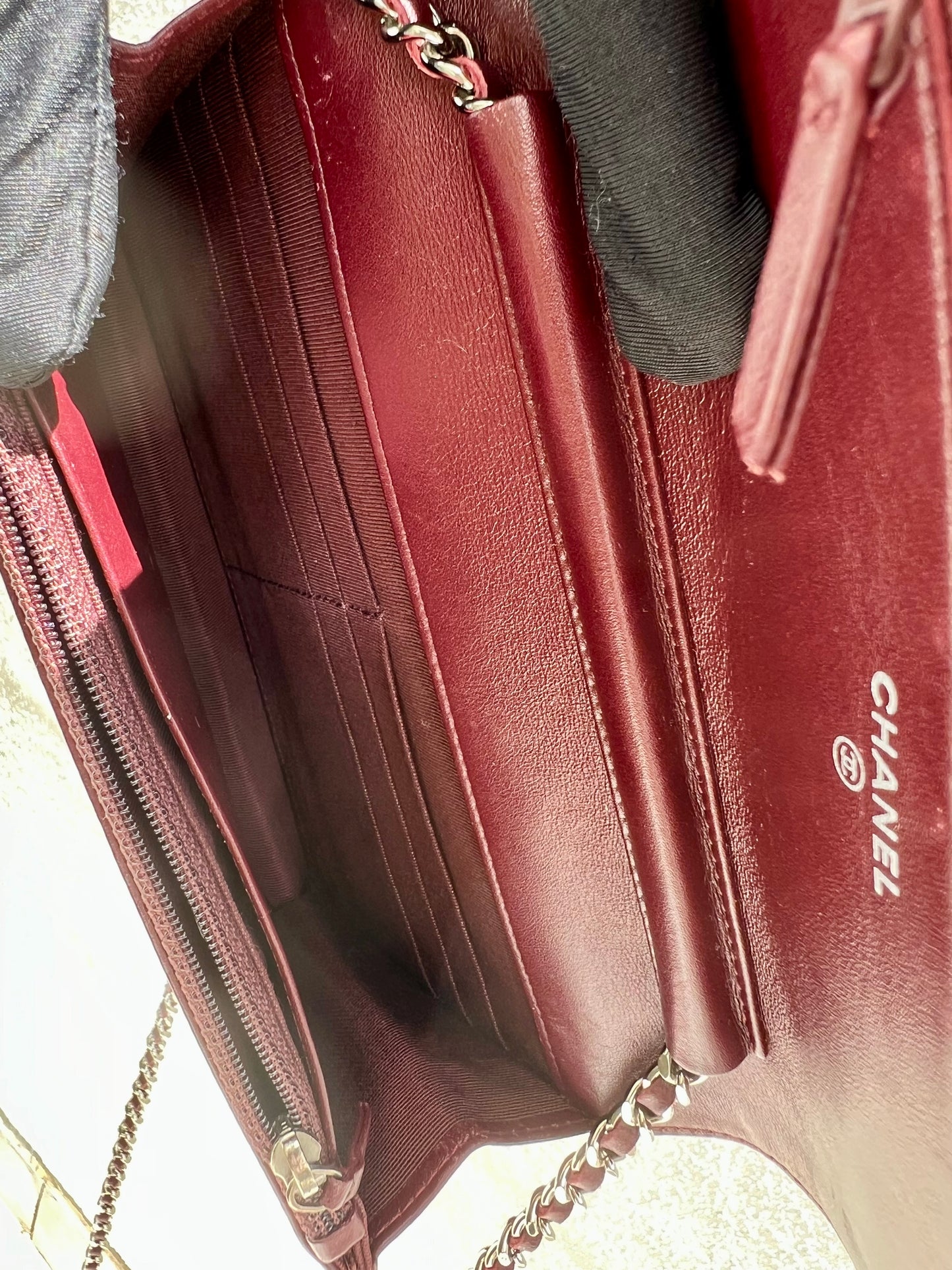 Pre- loved Chanel Burgundy Striated Quilted Patent Leather Classic WOC  Crossbody Bag