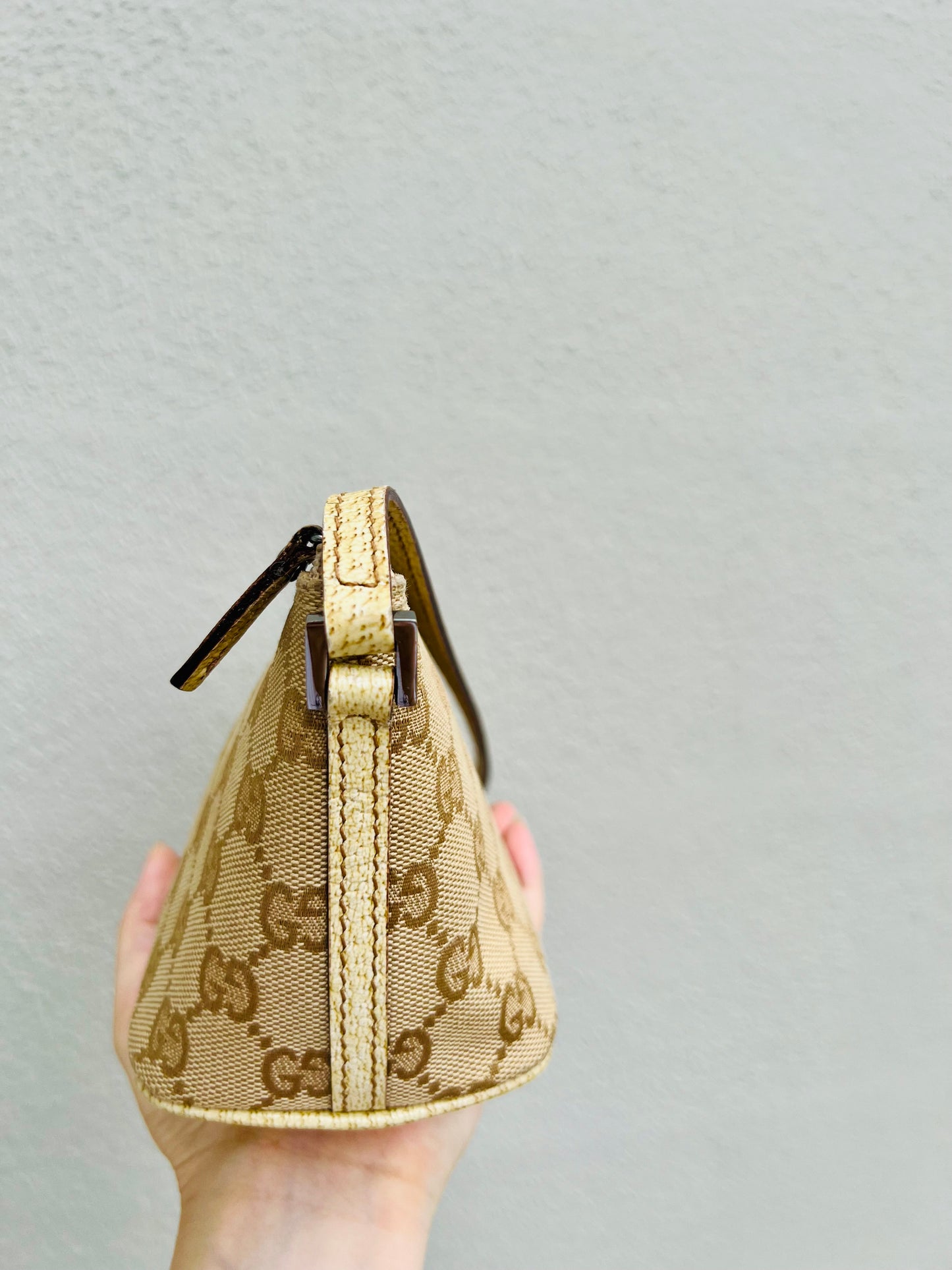 Pre-loved Gucci vintage GG Canvas Boat Baguette Bag Soft Lemon Sorbet Tone