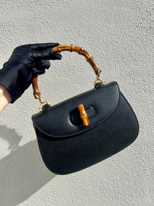 Pre-loved Vintage Gucci Black Leather Bamboo Night 1947 Top Handle Bag 20th Century