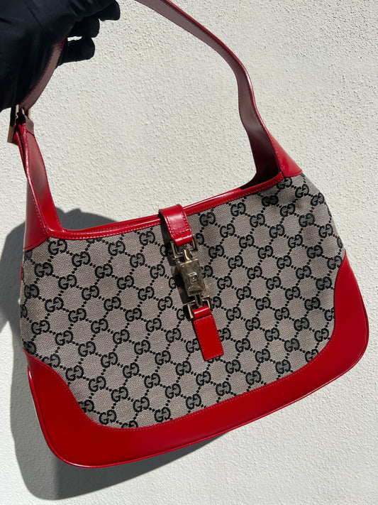 Gucci Jackie Vintage GG Canvas Leather Hobo Bag Red