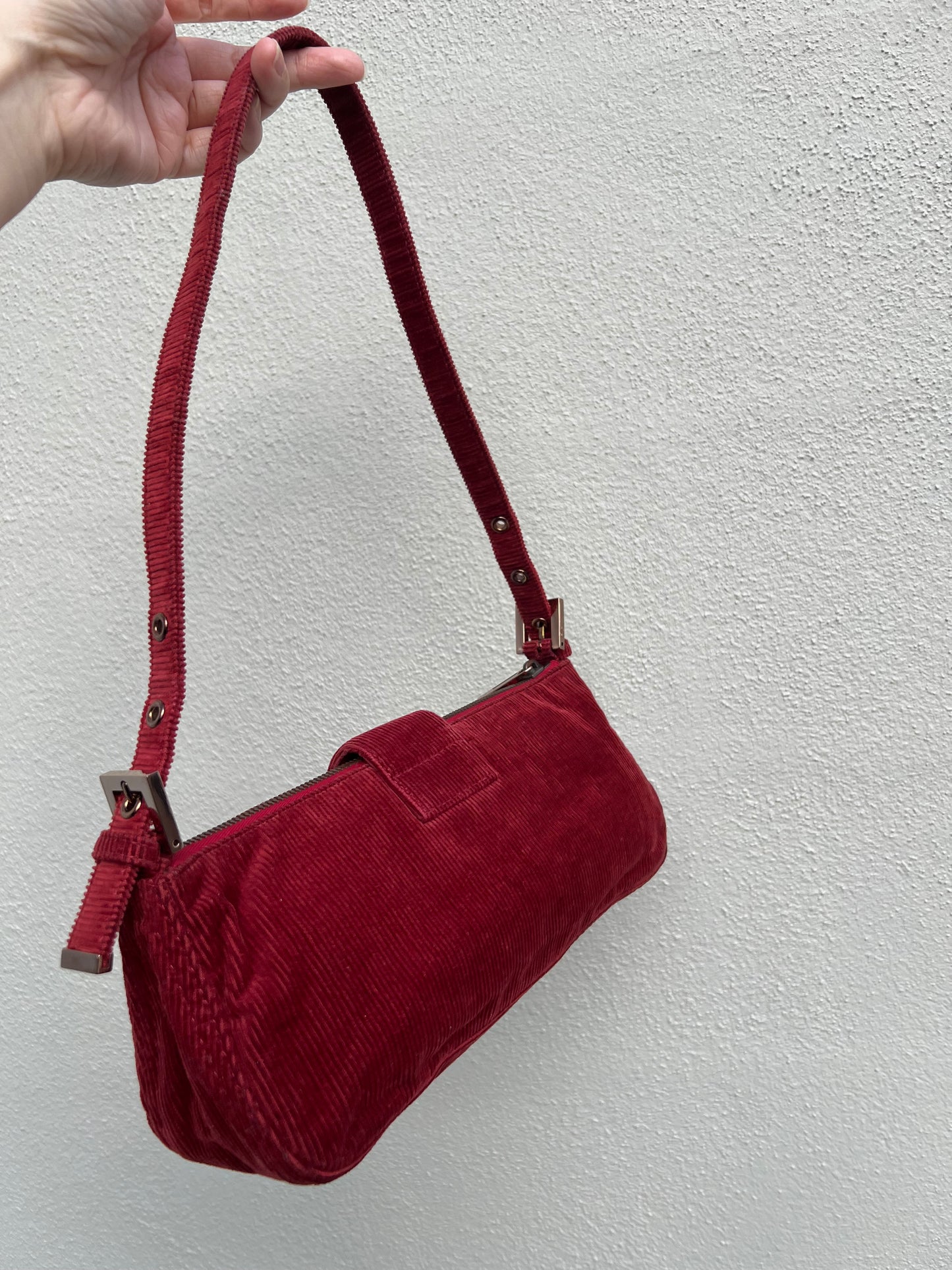 Pre-loved Fendi Red Corduroy Top-zip Baguette Shoulder Bag