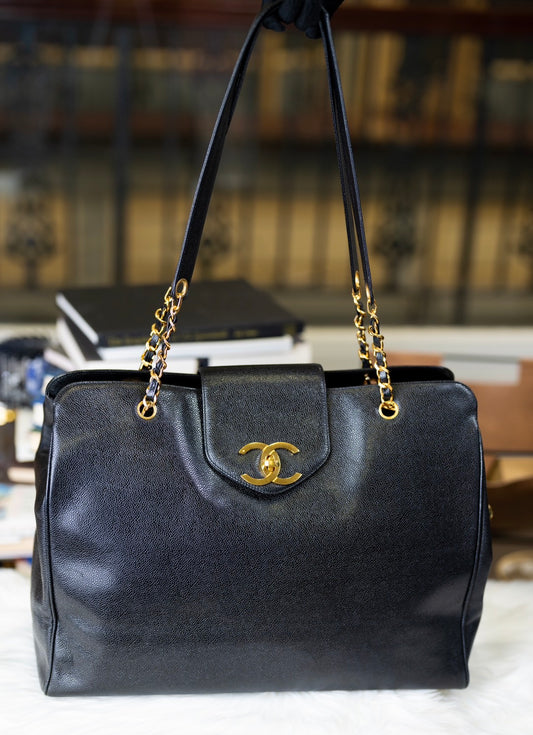 Pre-loved Chanel Vintage Black Caviar Leather Gold Supermodel Carryall Travel Weekender Shoulder Tote Bag
