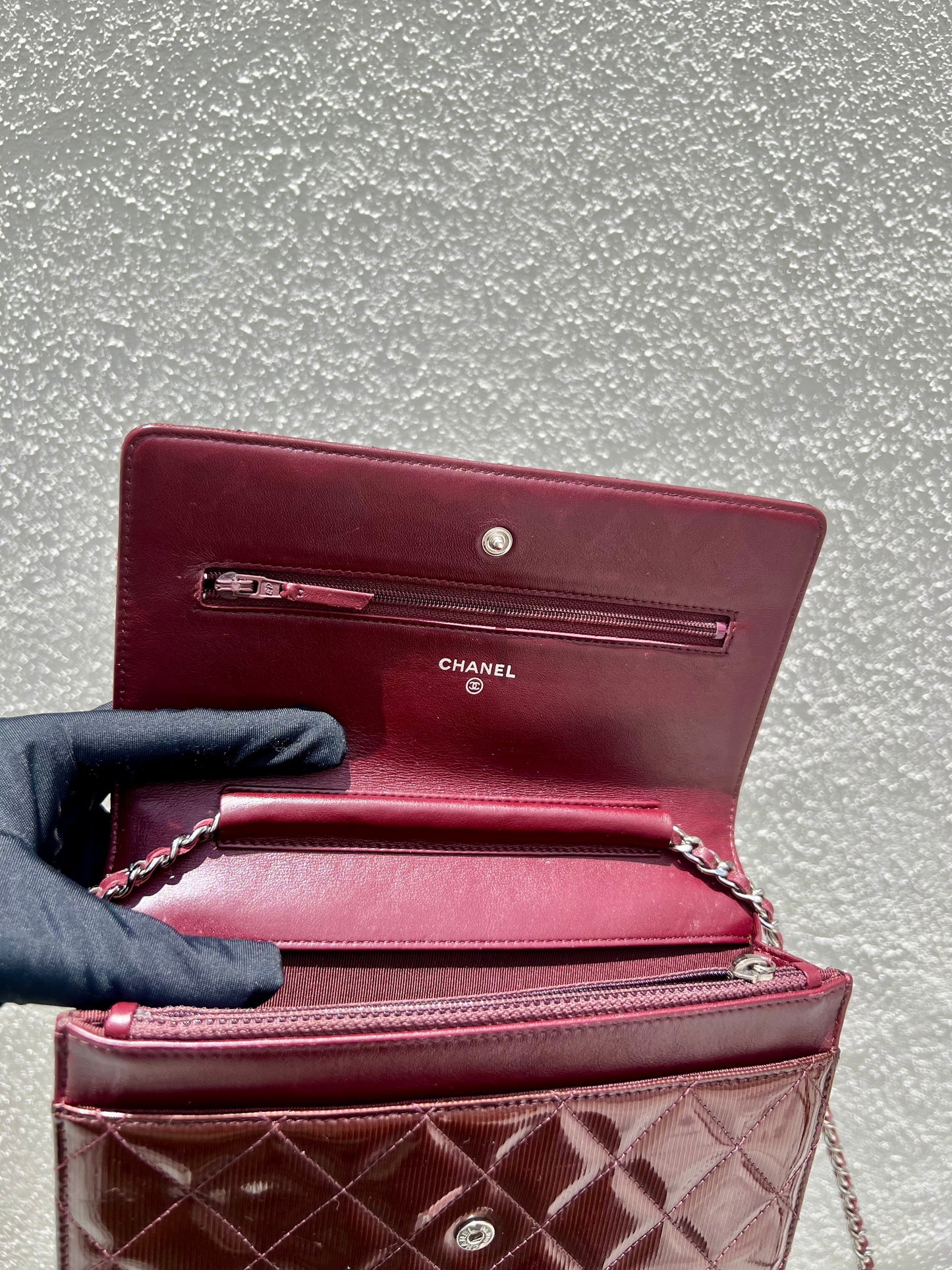 Pre- loved Chanel Burgundy Striated Quilted Patent Leather Classic WOC  Crossbody Bag