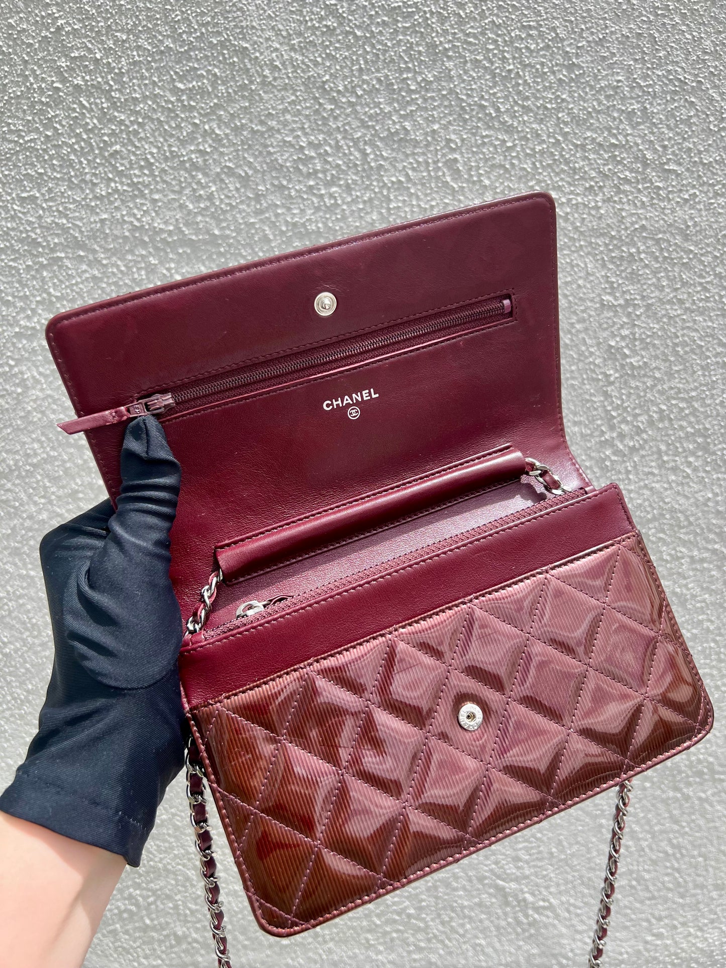 Pre- loved Chanel Burgundy Striated Quilted Patent Leather Classic WOC  Crossbody Bag