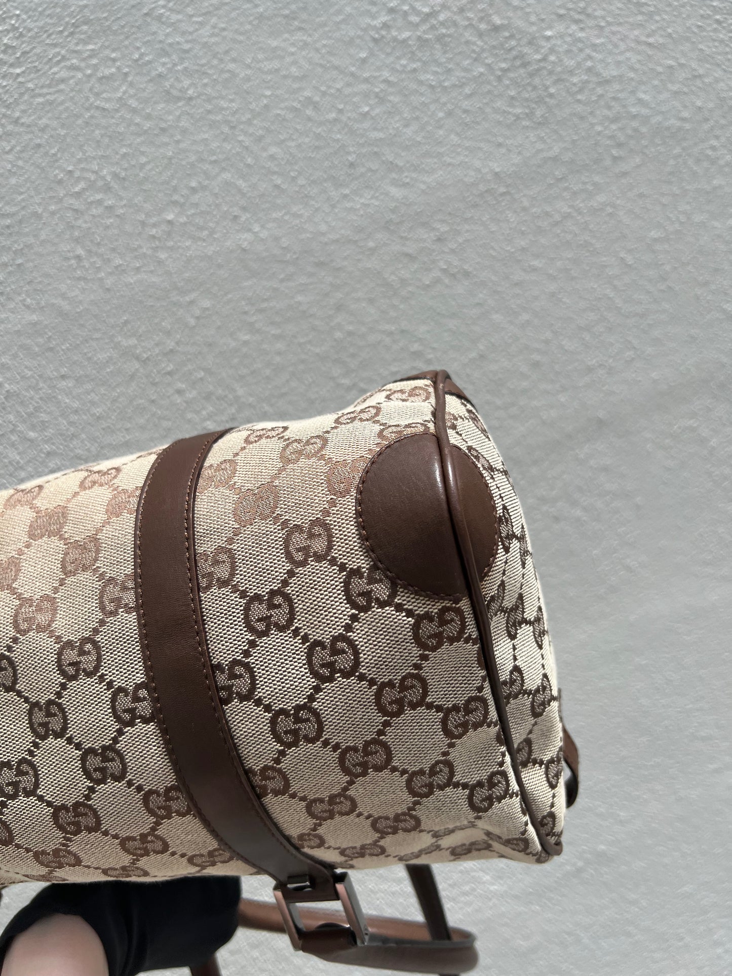 Pre- loved Gucci Beige/Brown GG Canvas and Leather Boston Bag