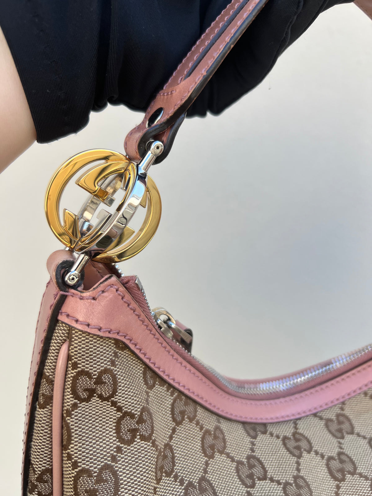 Pre-loved Gucci Beige/Pink GG Canvas Twins Medium Hobo Bag