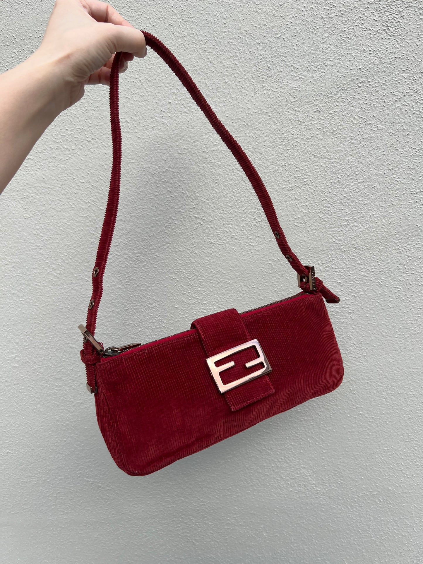 Pre-loved Fendi Red Corduroy Top-zip Baguette Shoulder Bag