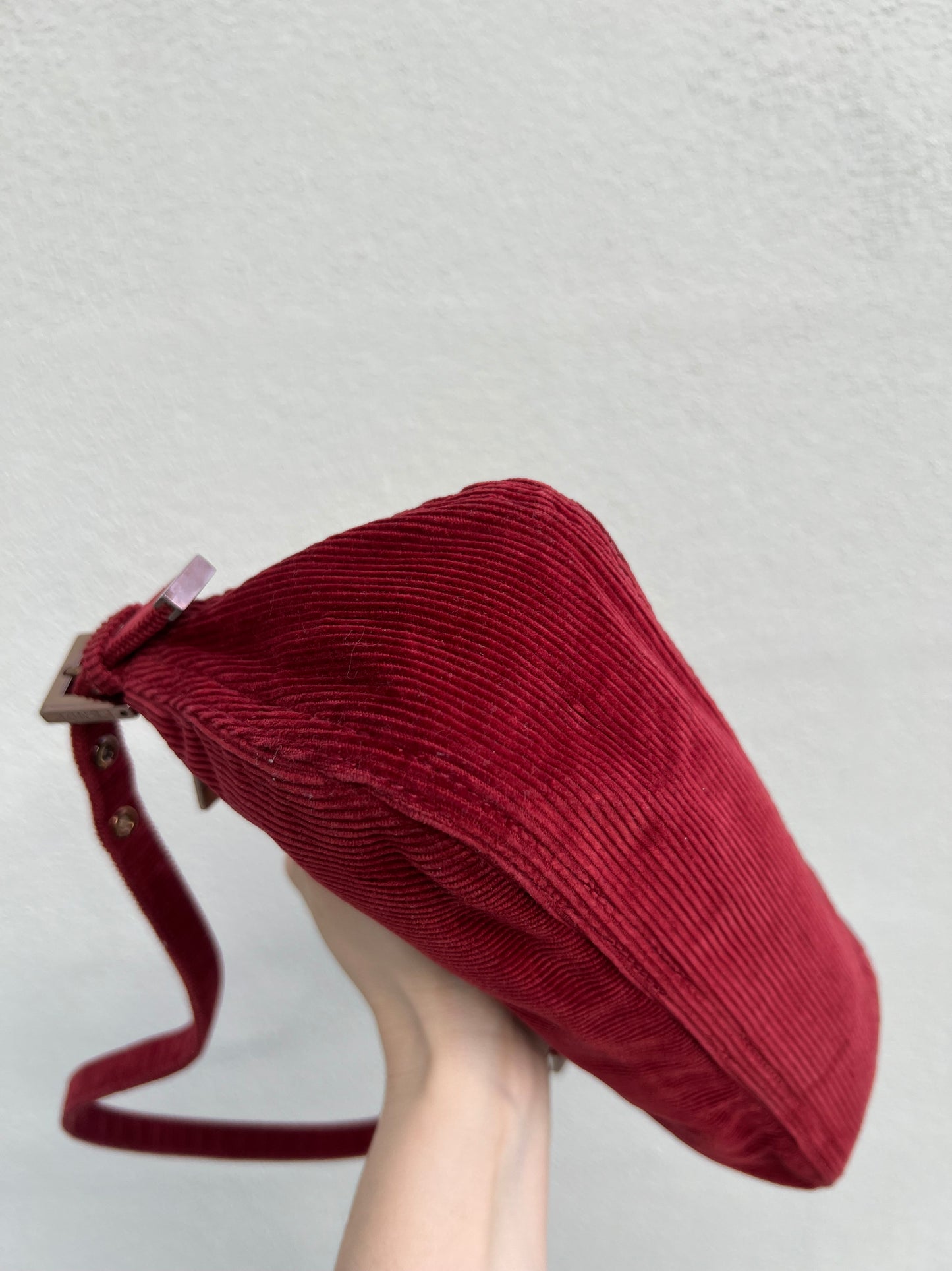 Pre-loved Fendi Red Corduroy Top-zip Baguette Shoulder Bag
