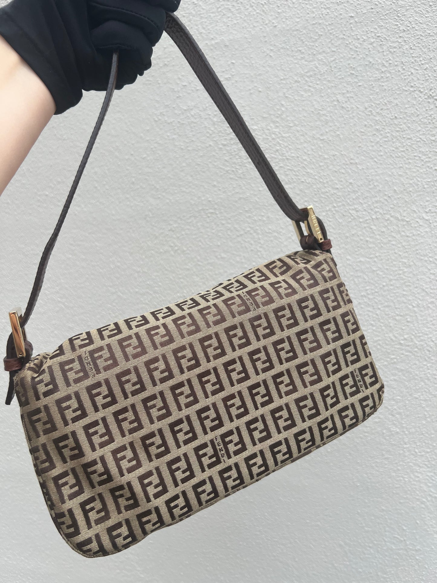 Pre-loved Fendi Vintage Zucchino Pattern Baguette Handbag Brown