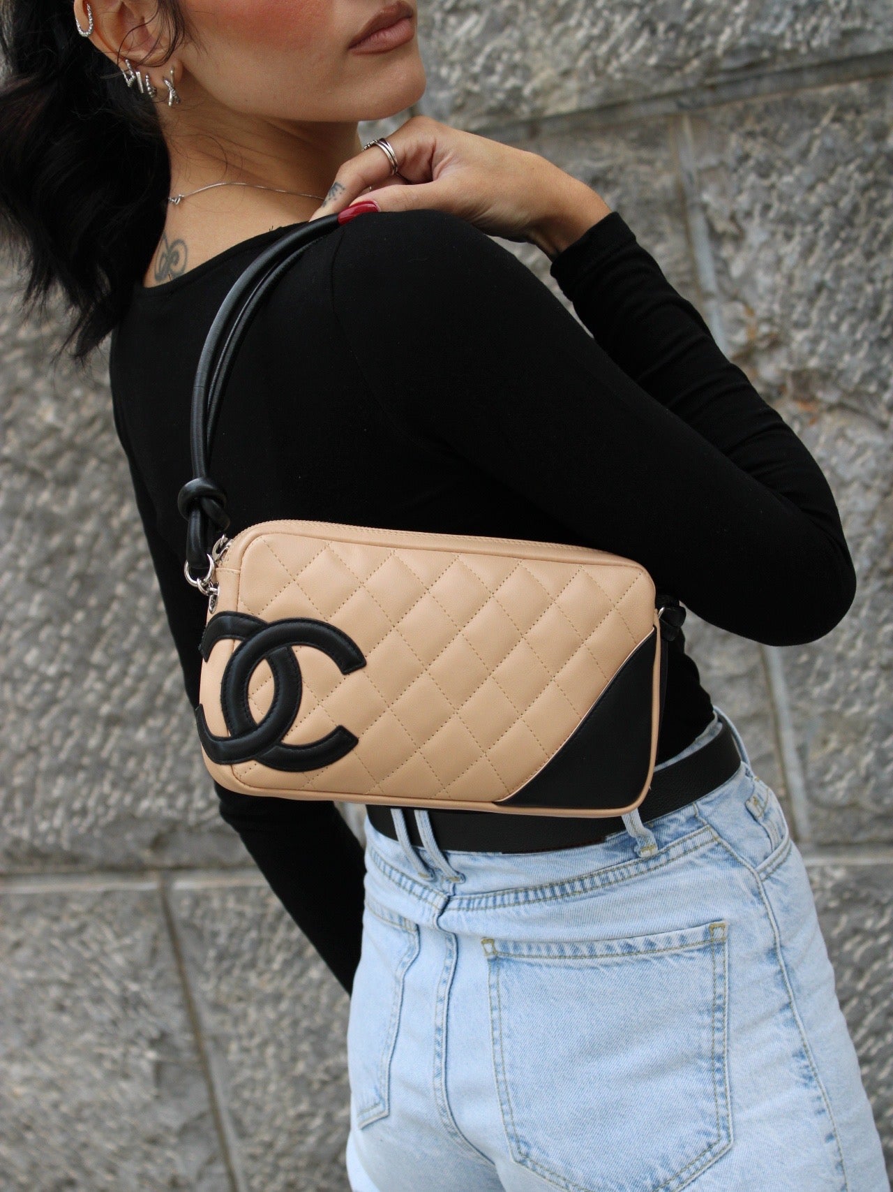 Pre-loved Chanel Beige & Black Quilted Lambskin Cambon Shoulder Pochette