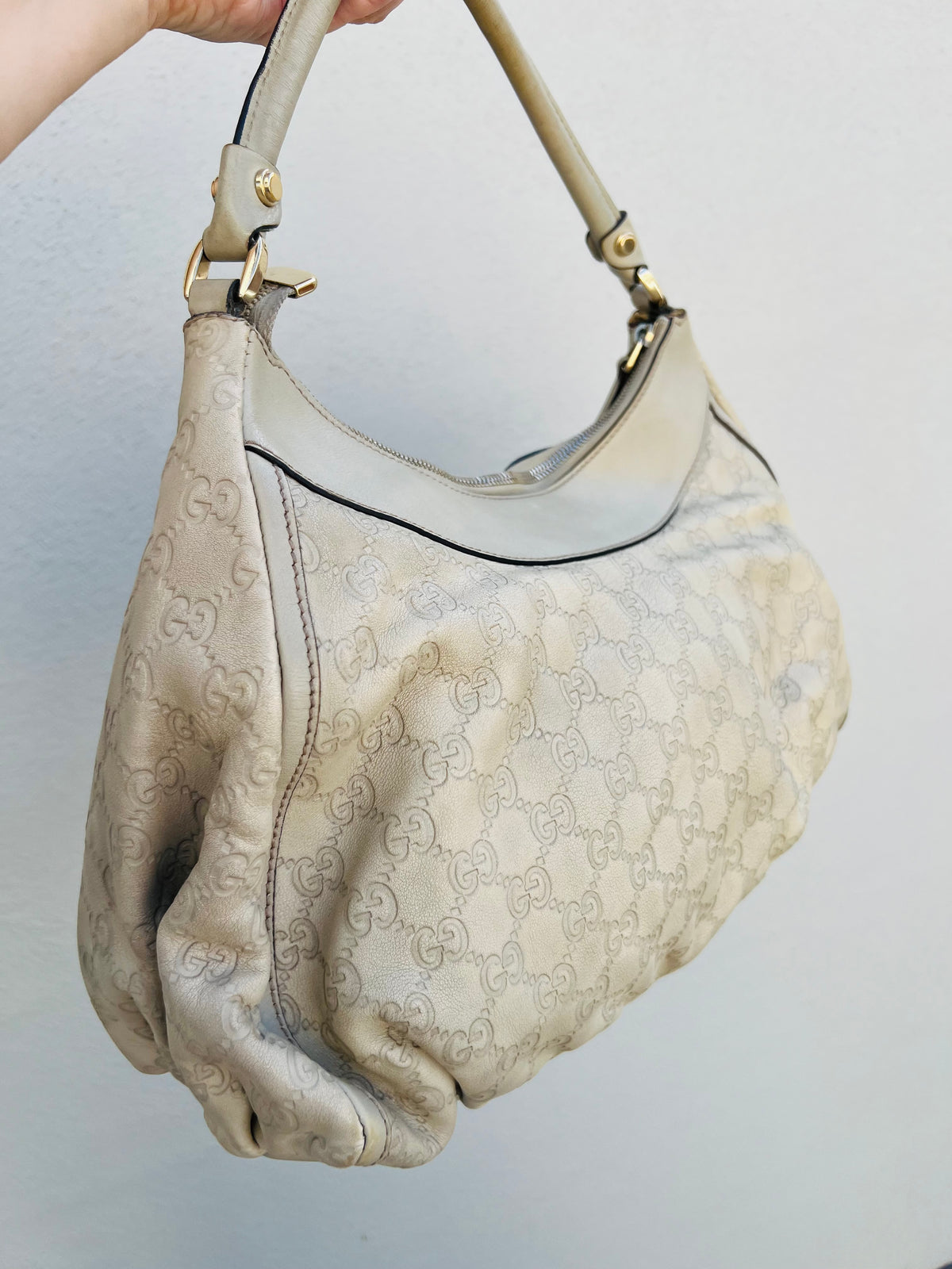 Pre-loved Gucci Abbey D-ring Guccissima Large Leather Hobo Bag Off White GHW