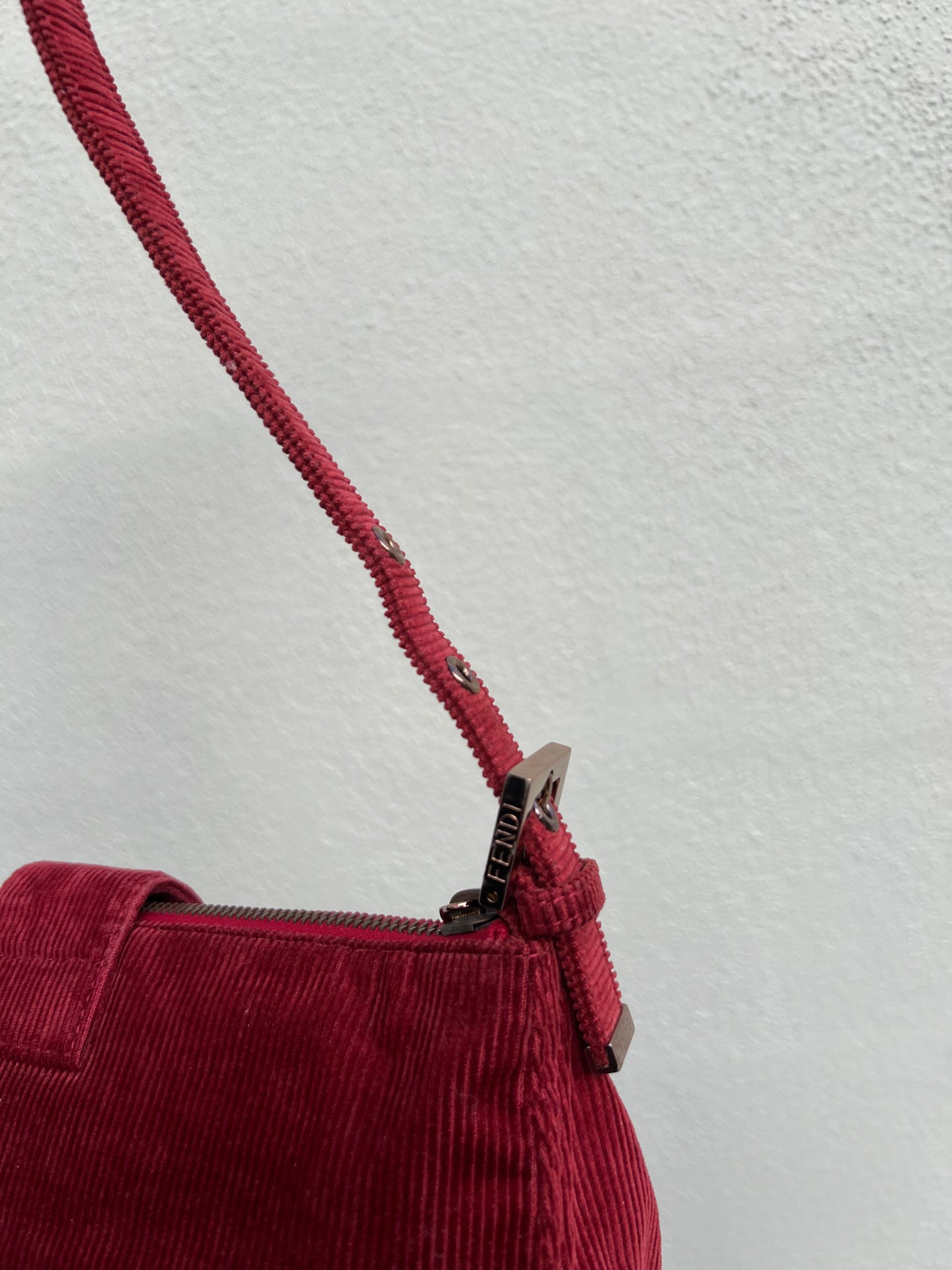 Pre-loved Fendi Red Corduroy Top-zip Baguette Shoulder Bag