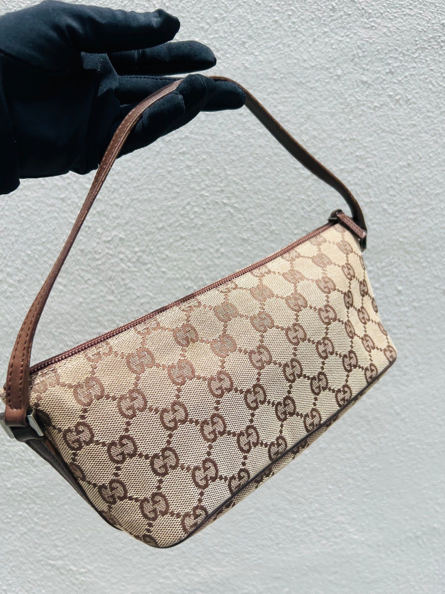 Pre-loved Gucci vintage GG Canvas Boat Baguette Bag Brown