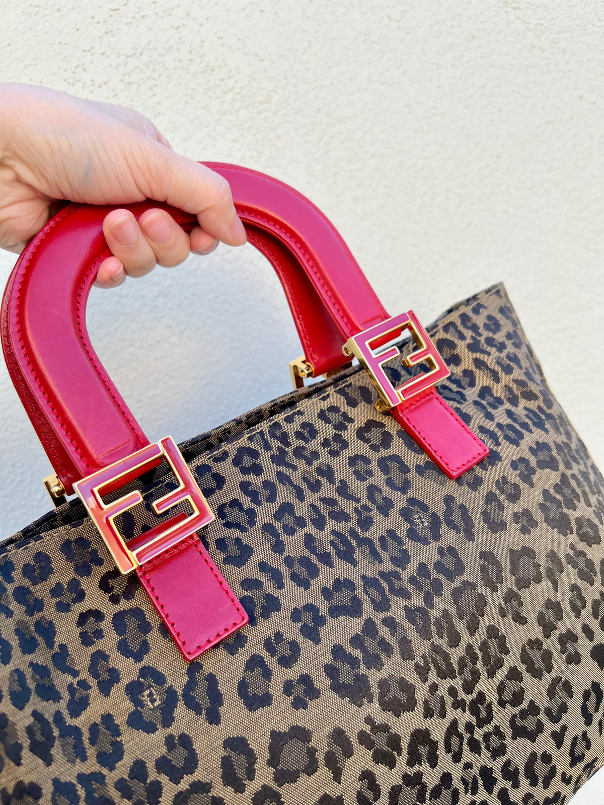 Pre-loved Fendi Leopard Print Tote Bag with Red Handles