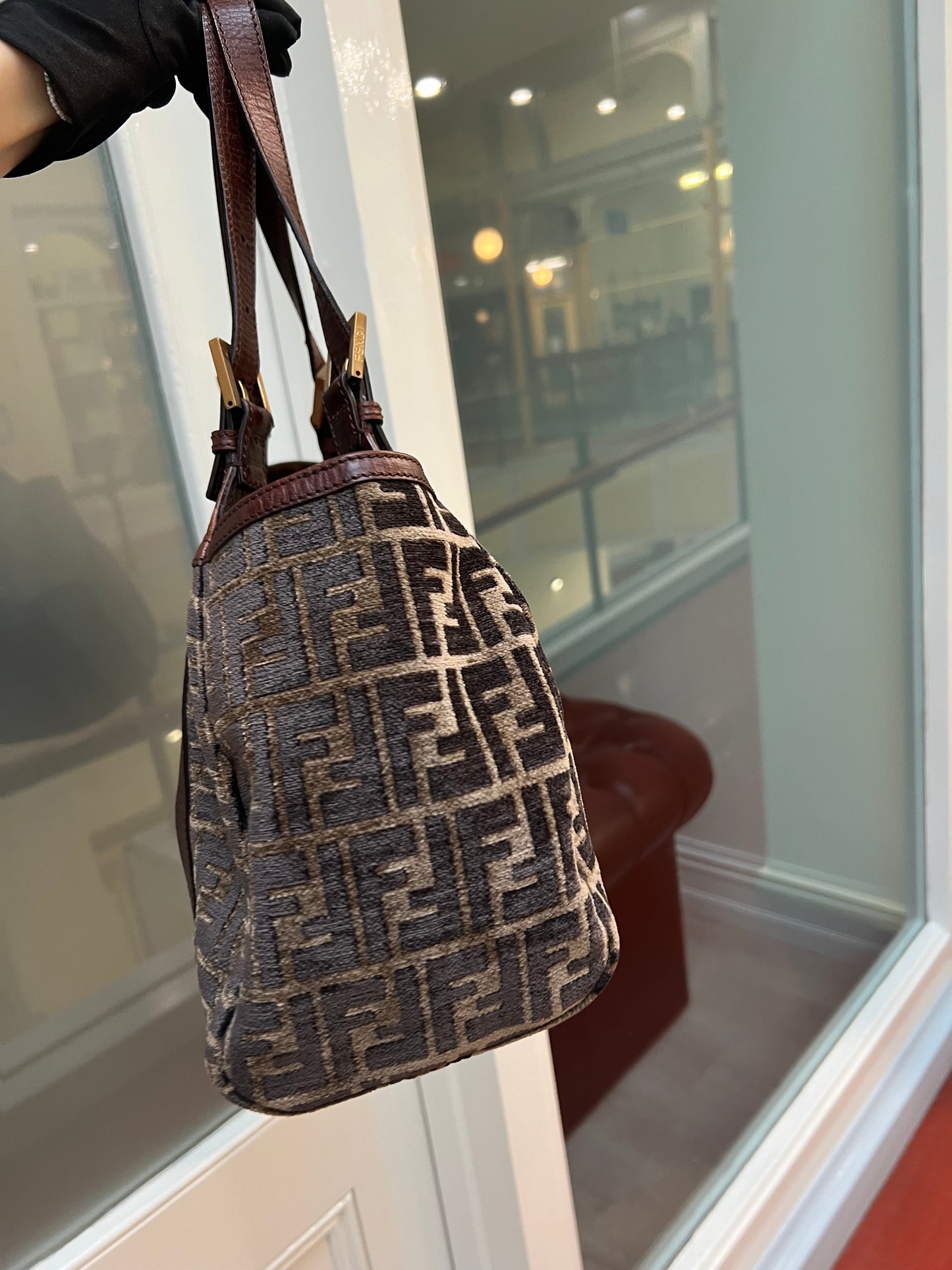 Pre-loved Fendi Velvet Zucca Shoulder Tote Bag