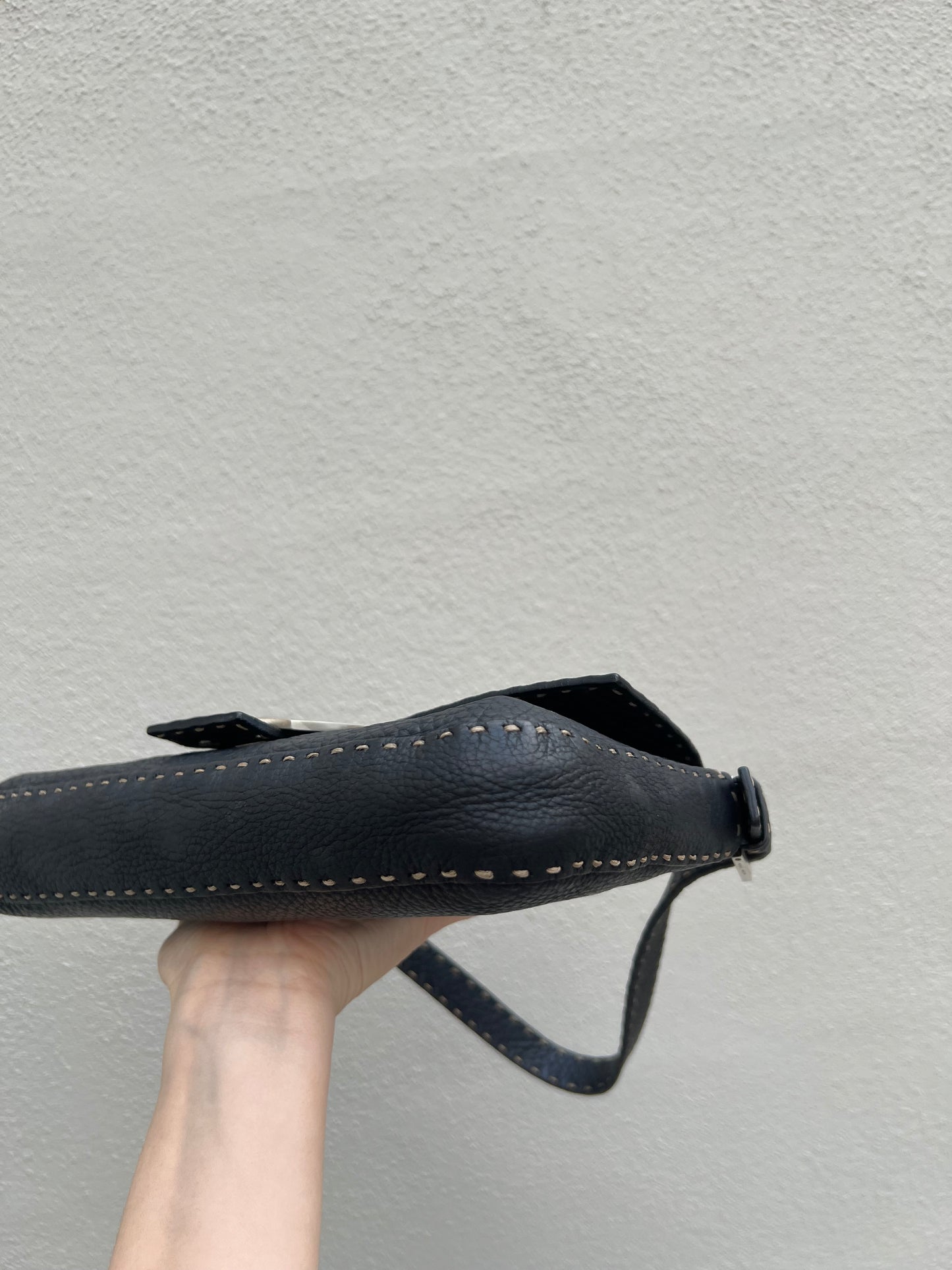 Pre-loved Fendi Baguette Black Cuoio Romano Leather Selleria with Sterling Silver Hardware