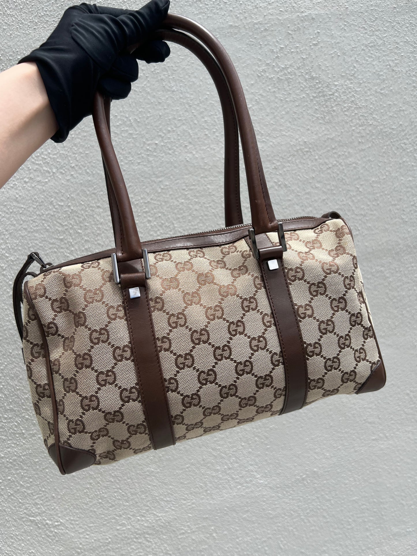 Pre- loved Gucci Beige/Brown GG Canvas and Leather Boston Bag