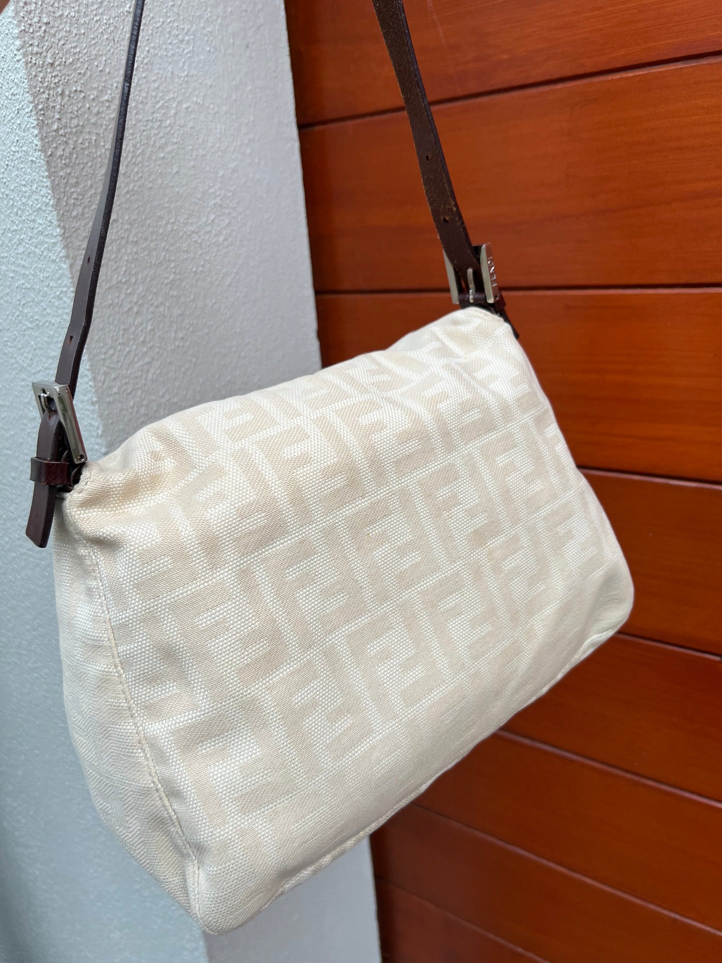 Pre-loved Fendi Zucca Canvas Mamma Baguette Shoulder Bag Beige