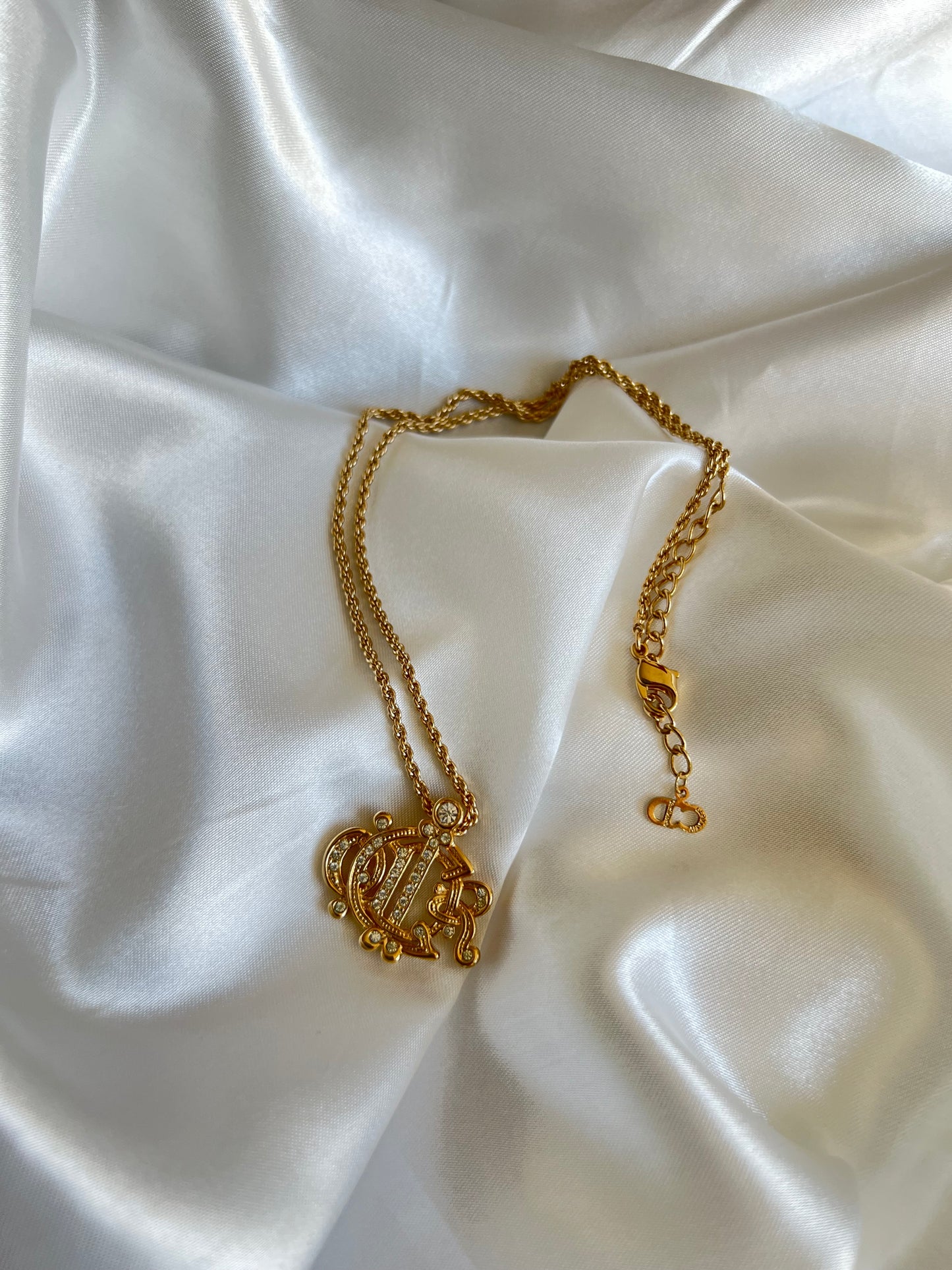 Pre-loved Christian Dior Emblem Logo Pendant Necklace Gold Plated Crystal Rhinestone