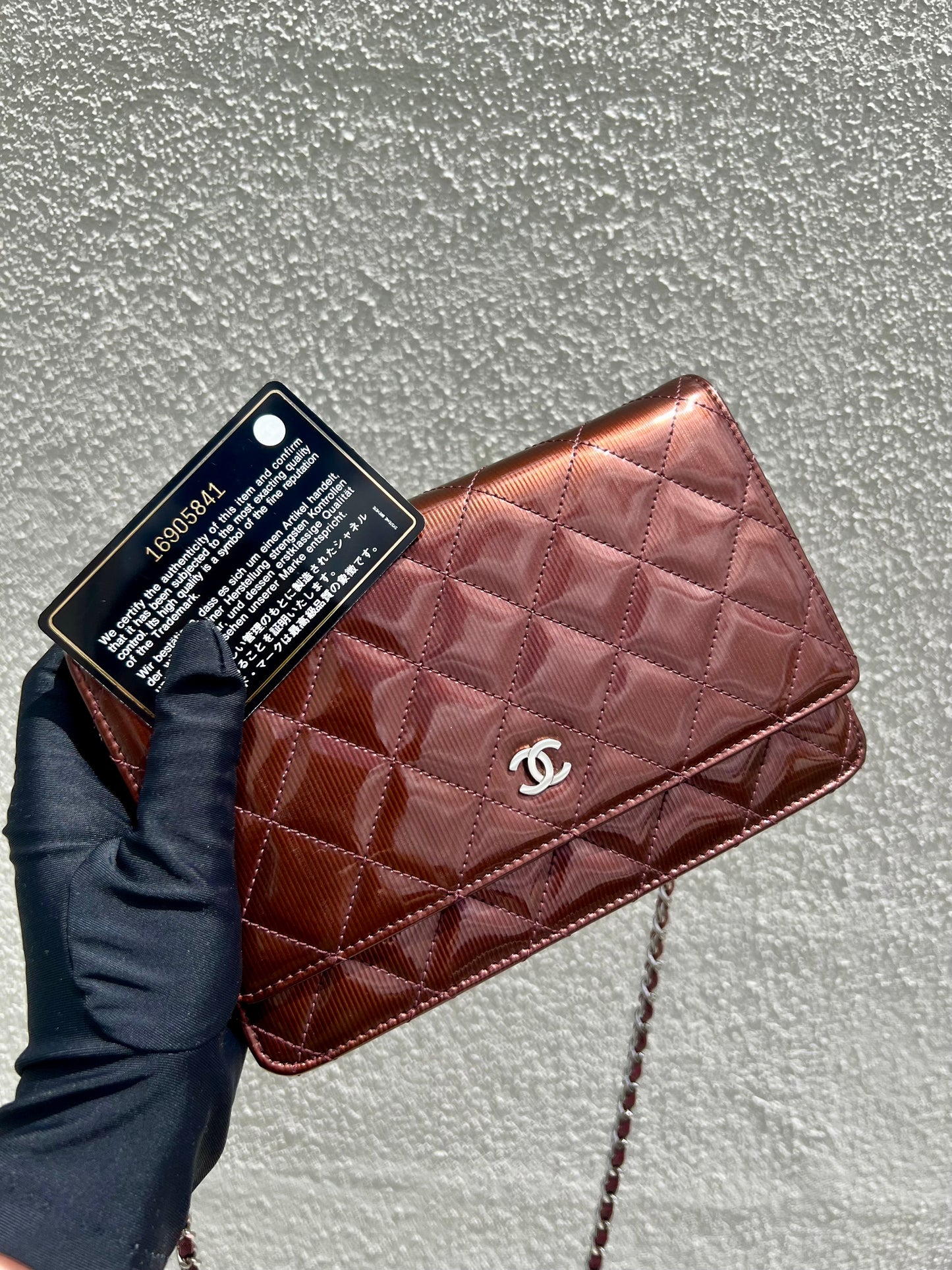 Pre- loved Chanel Burgundy Striated Quilted Patent Leather Classic WOC  Crossbody Bag
