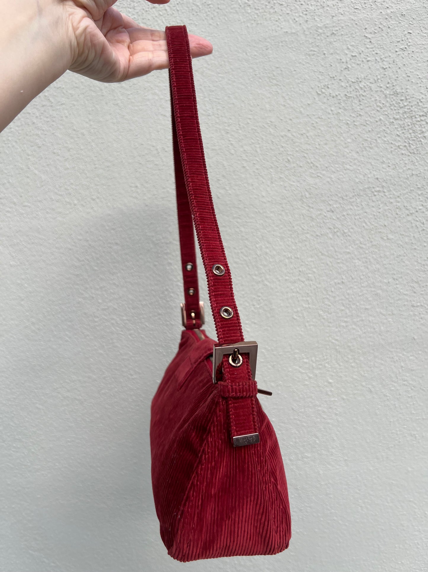 Pre-loved Fendi Red Corduroy Top-zip Baguette Shoulder Bag